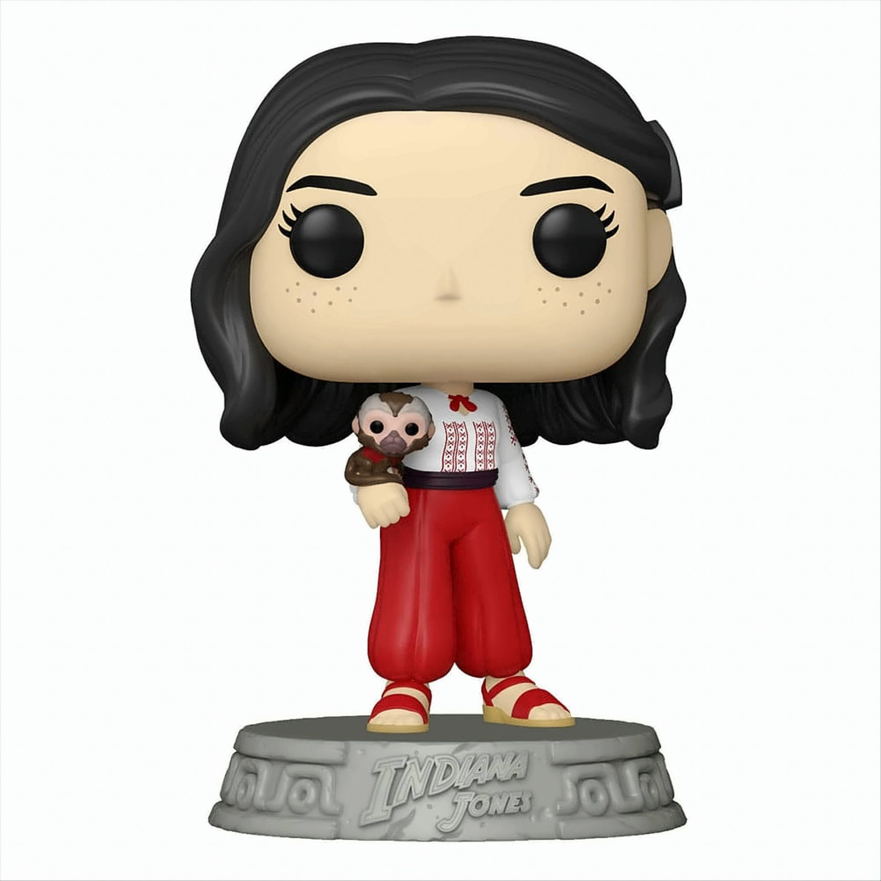 Funko Pop Figur einer Frau in roter Hose, die einen Affen hält. Indiana Jones Basis.