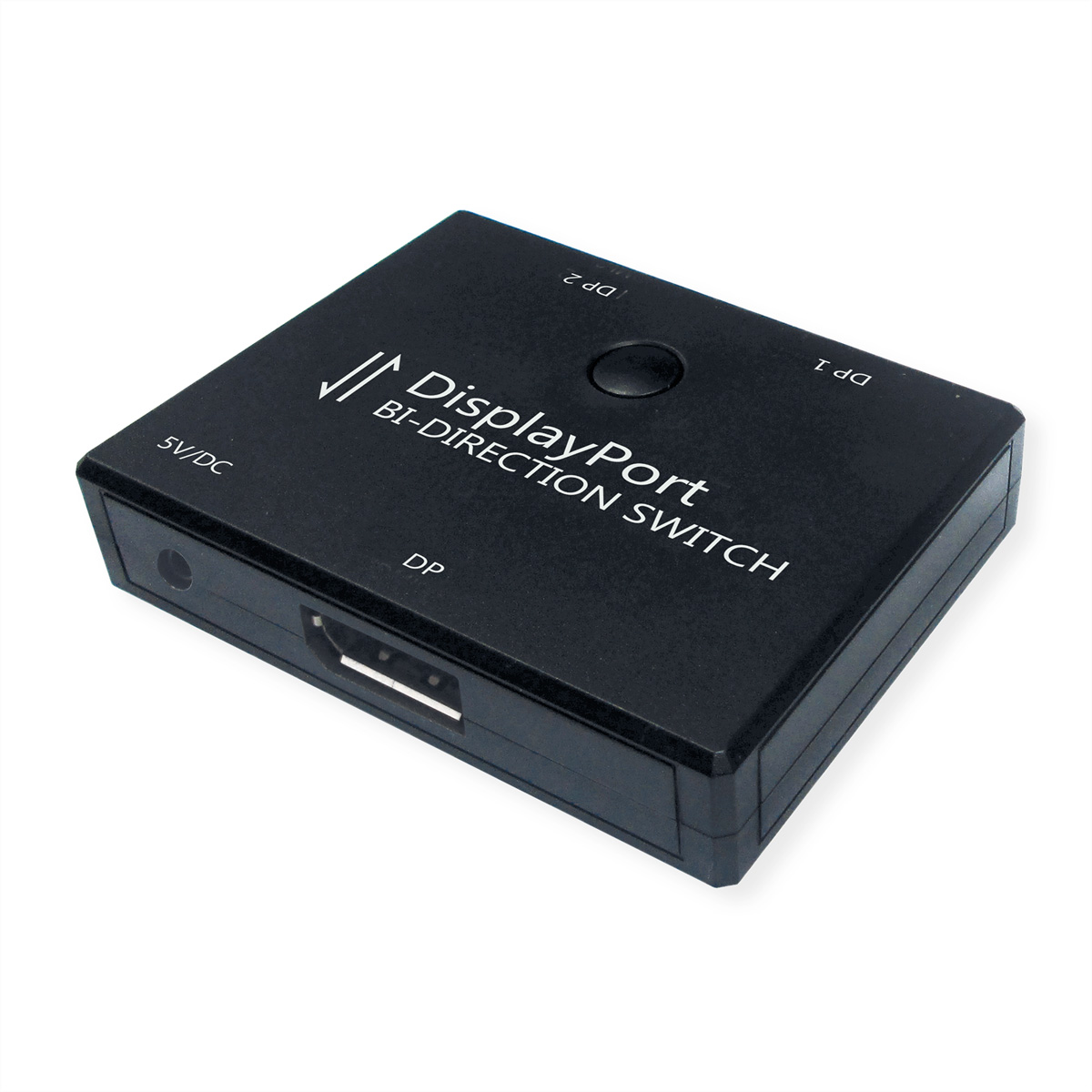 Zwarte DisplayPort bi-directionele switch met labels en een knop, op een witte achtergrond.