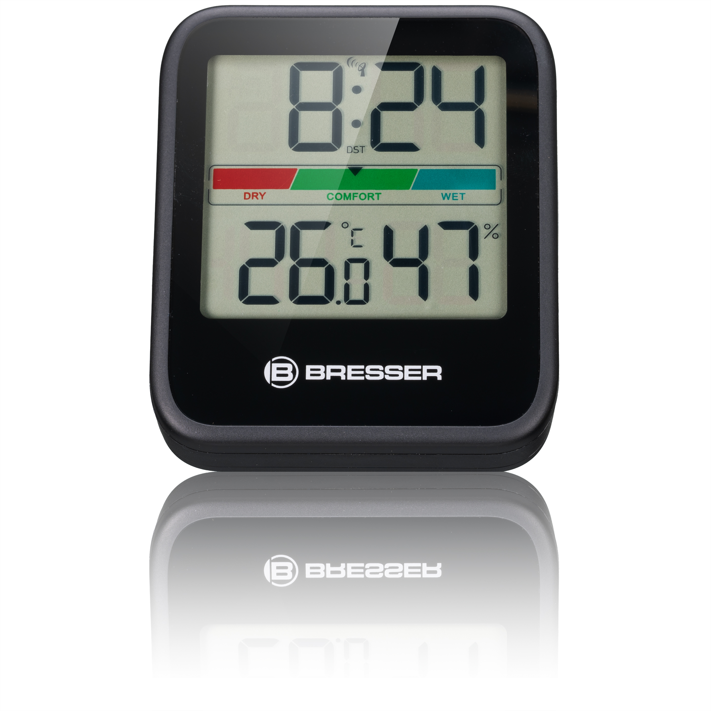 Schwarzes BRESSER Digitalthermometer mit Anzeige von Zeit, Temperatur und Luftfeuchtigkeit.