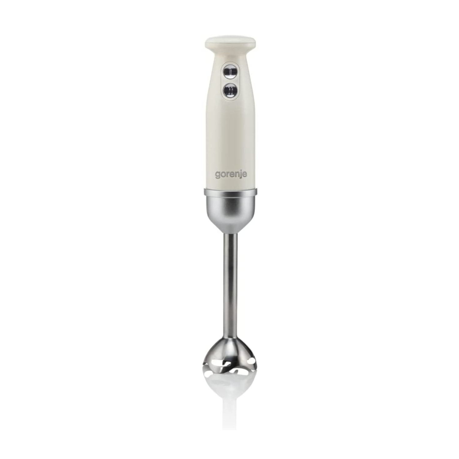 Elfenbeinfarbener Stabmixer mit Metallklingenaufsatz, auf Weiß.