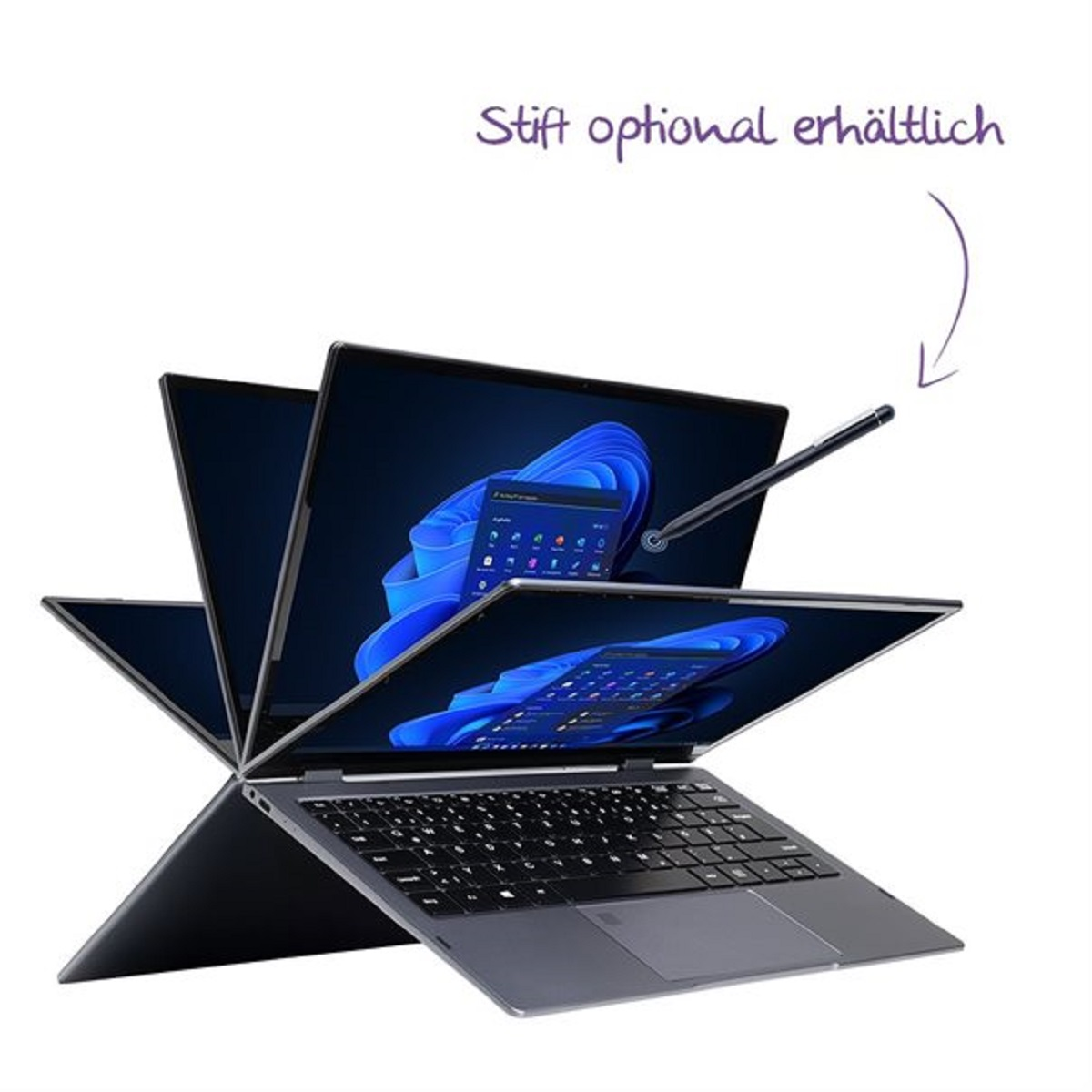 Ein Laptop mit mehreren geöffneten Bildschirmen und einem Stift. Die Bildschirme zeigen verschiedene Informationen. Weißer Hintergrund.