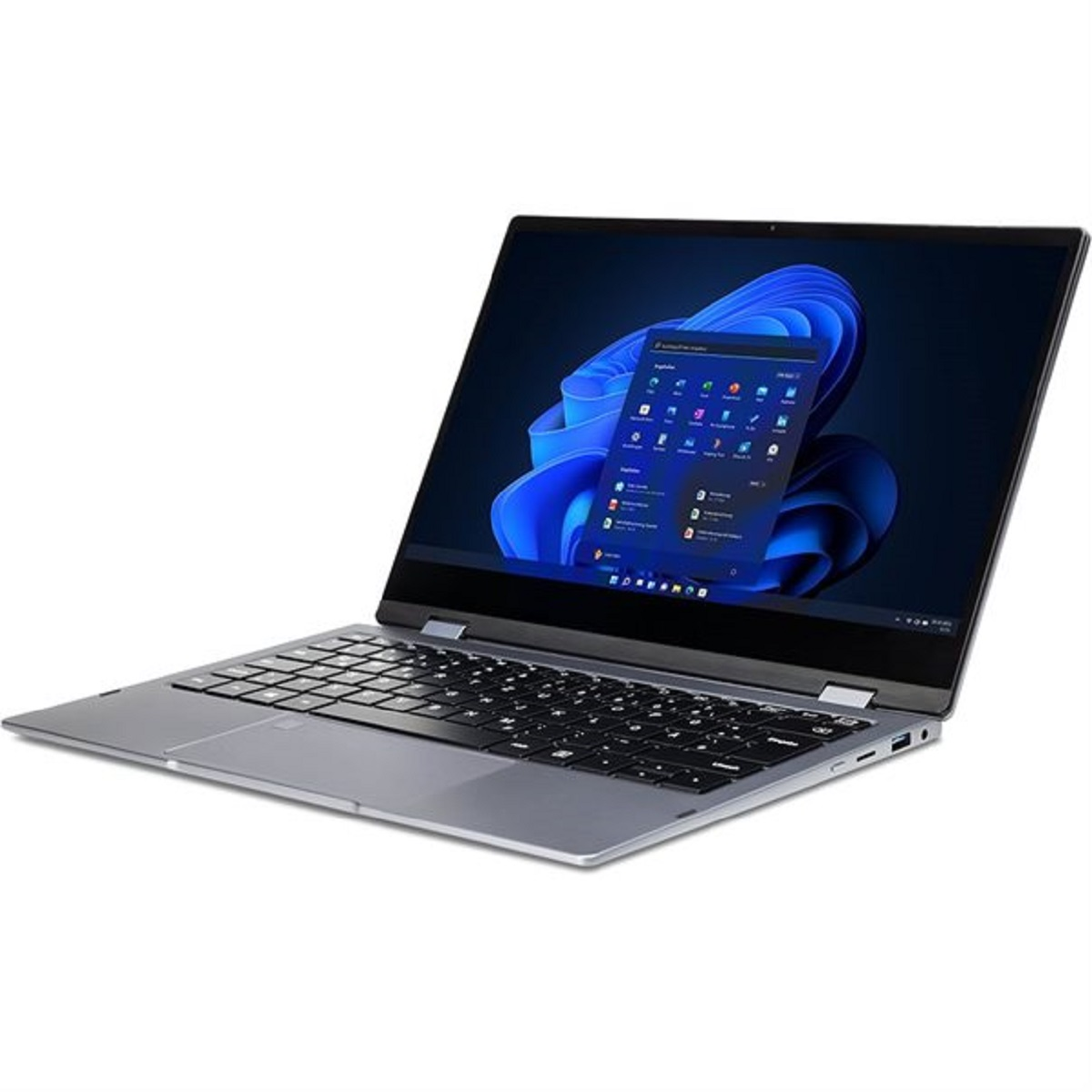 Laptop geöffnet, Bildschirm zeigt Windows-Oberfläche. Silber-grauer Rahmen mit schwarzer Tastatur.
