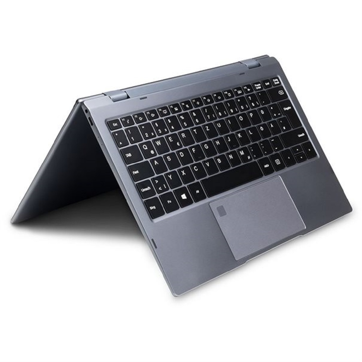 Ein grauer Laptop mit geöffnetem Bildschirm. Die Tastatur ist sichtbar, mit einem Touchpad.