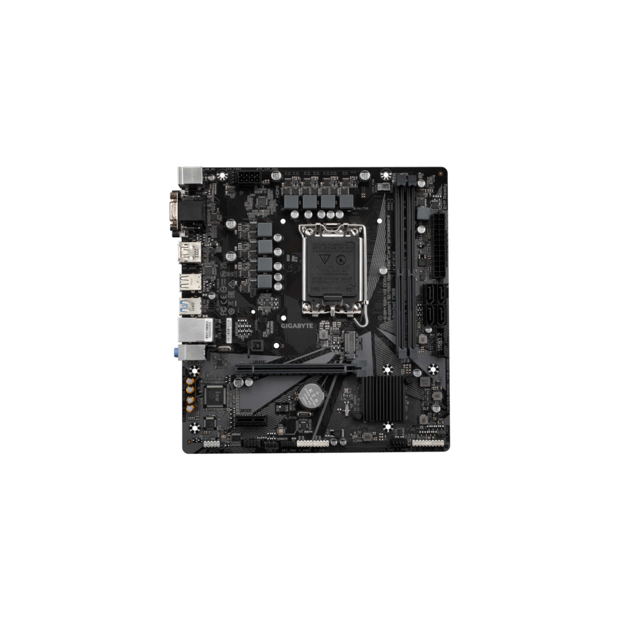 Czarna płyta główna komputera. Różne komponenty są rozmieszczone na płycie.