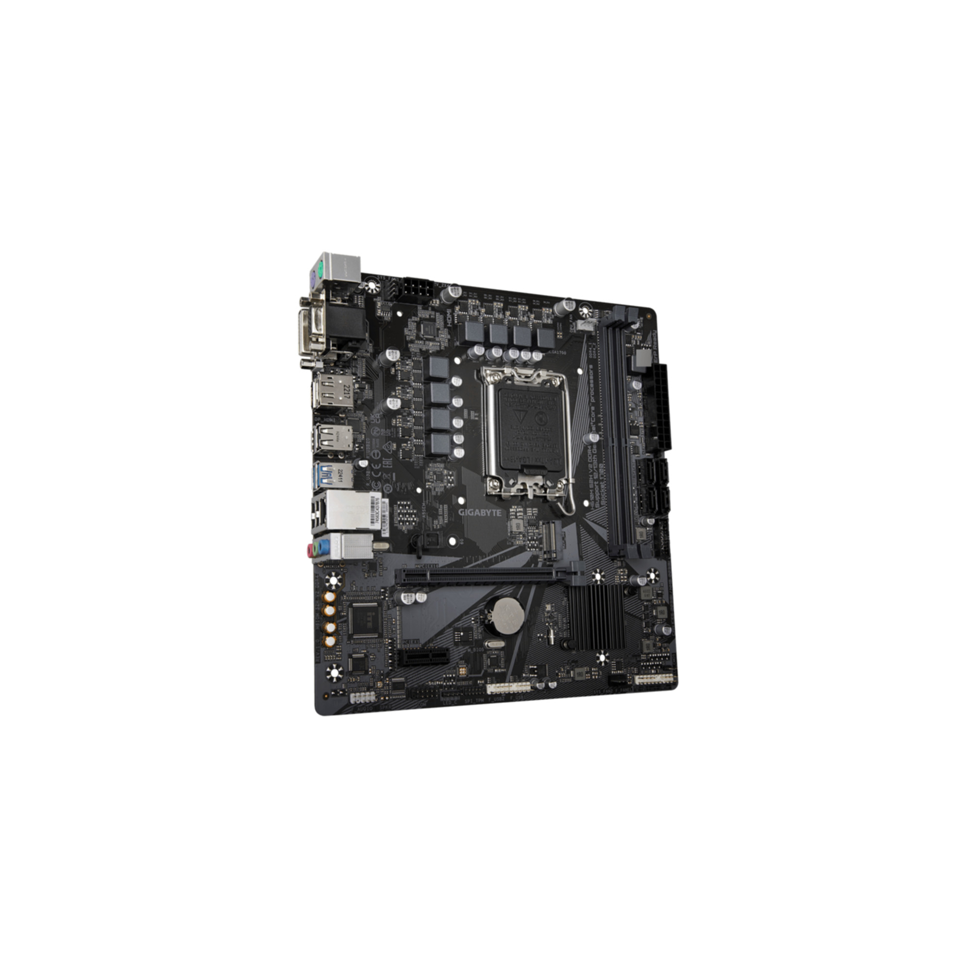 Czarna płyta główna na białym tle, z widocznymi różnymi komponentami.