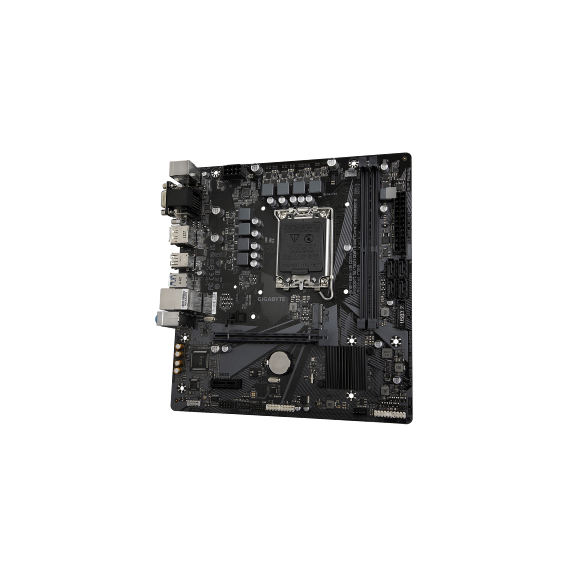 Czarna płyta główna Gigabyte z różnymi portami i komponentami.