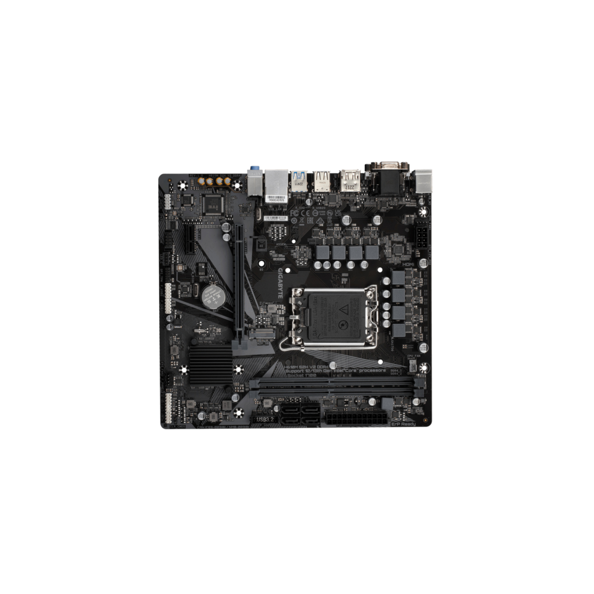 Czarna płyta główna z różnymi komponentami, takimi jak gniazda, porty i radiator.