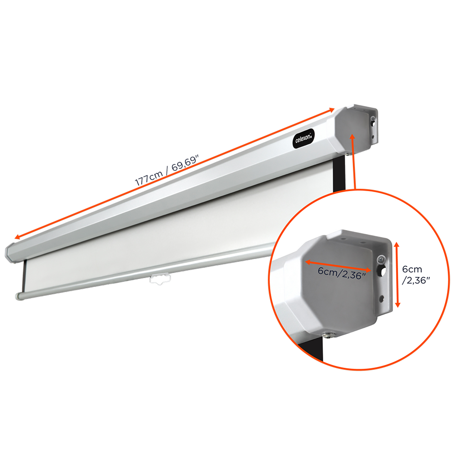 Biały ekran projekcyjny z wymiarami i pomiarami wskazanymi w okręgu.