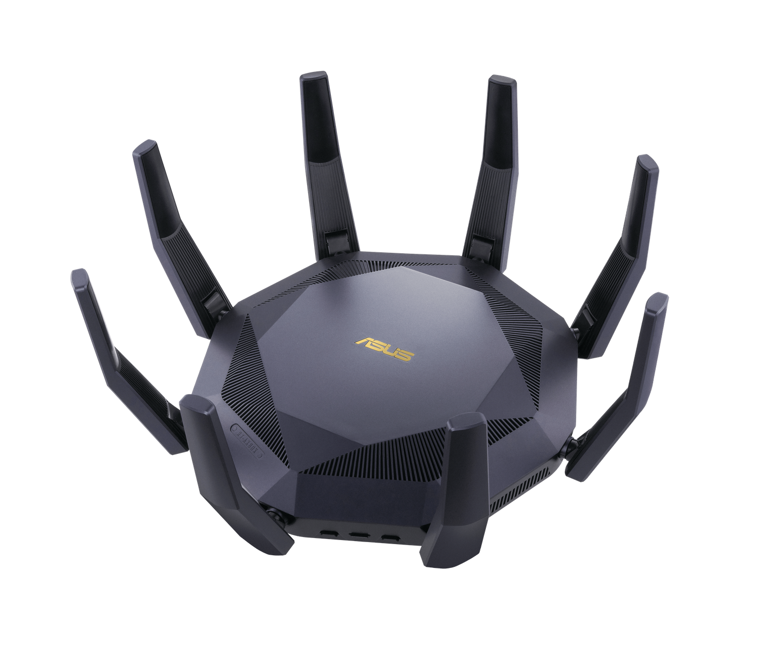 Czarny router ASUS z wieloma antenami. Na czarnym tle. Widoczne logo.