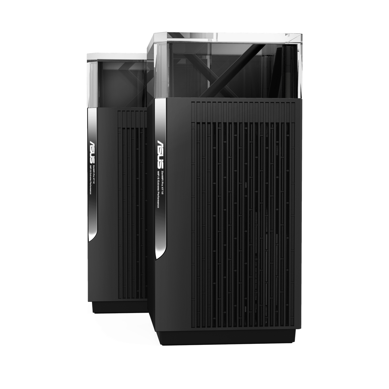 Zwei schwarze Router mit transparenten Oberteilen auf schwarzem Hintergrund.