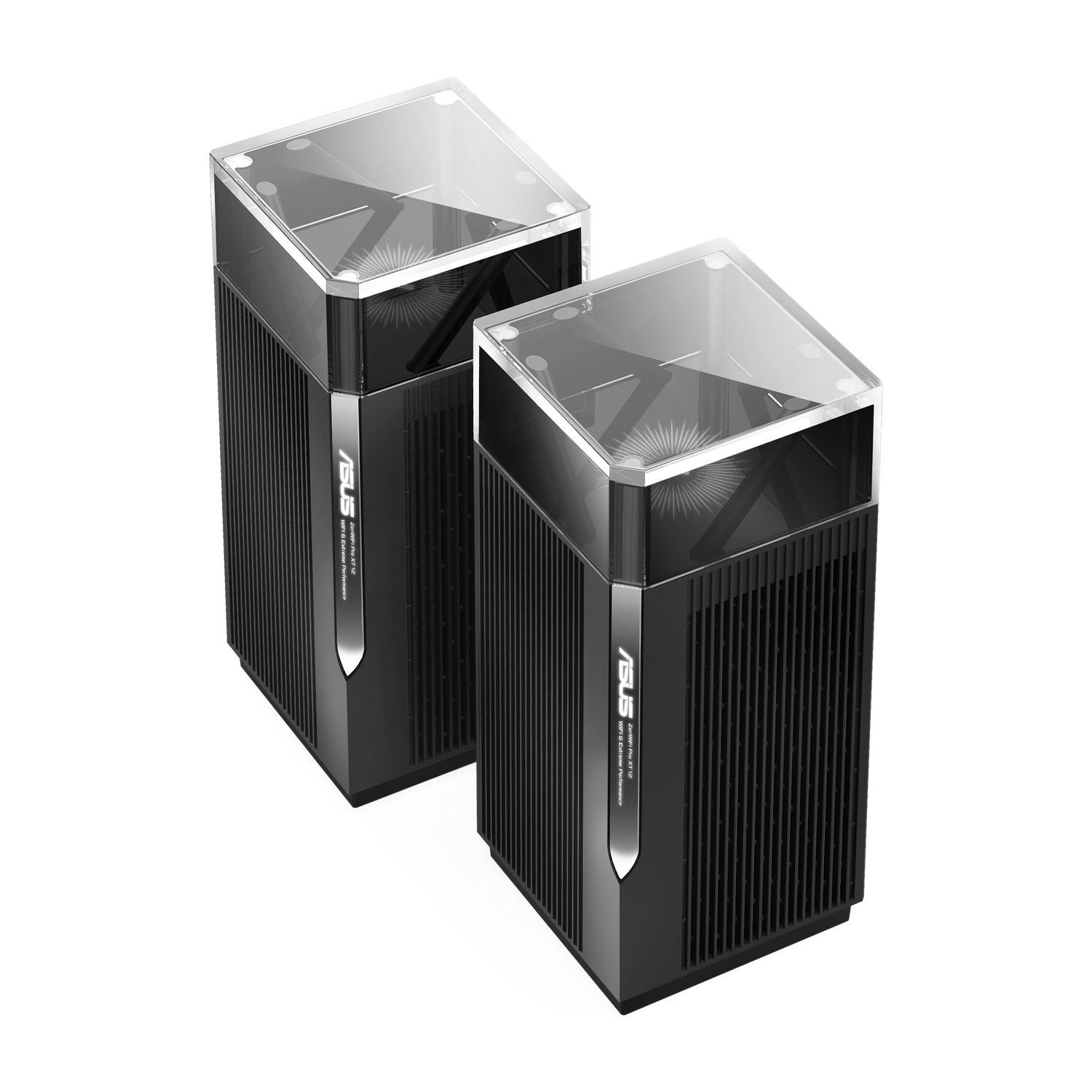Zwei schwarze Router mit transparentem Deckel.