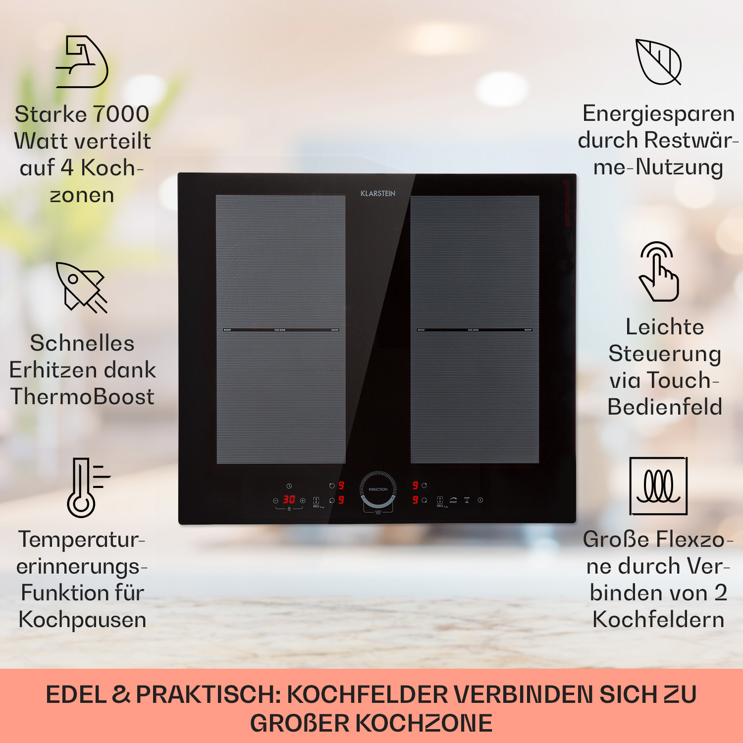 Schwarzes Induktionskochfeld mit zwei Kochzonen. Text: Induktionskochfeld. Einfache Touch-Steuerung.