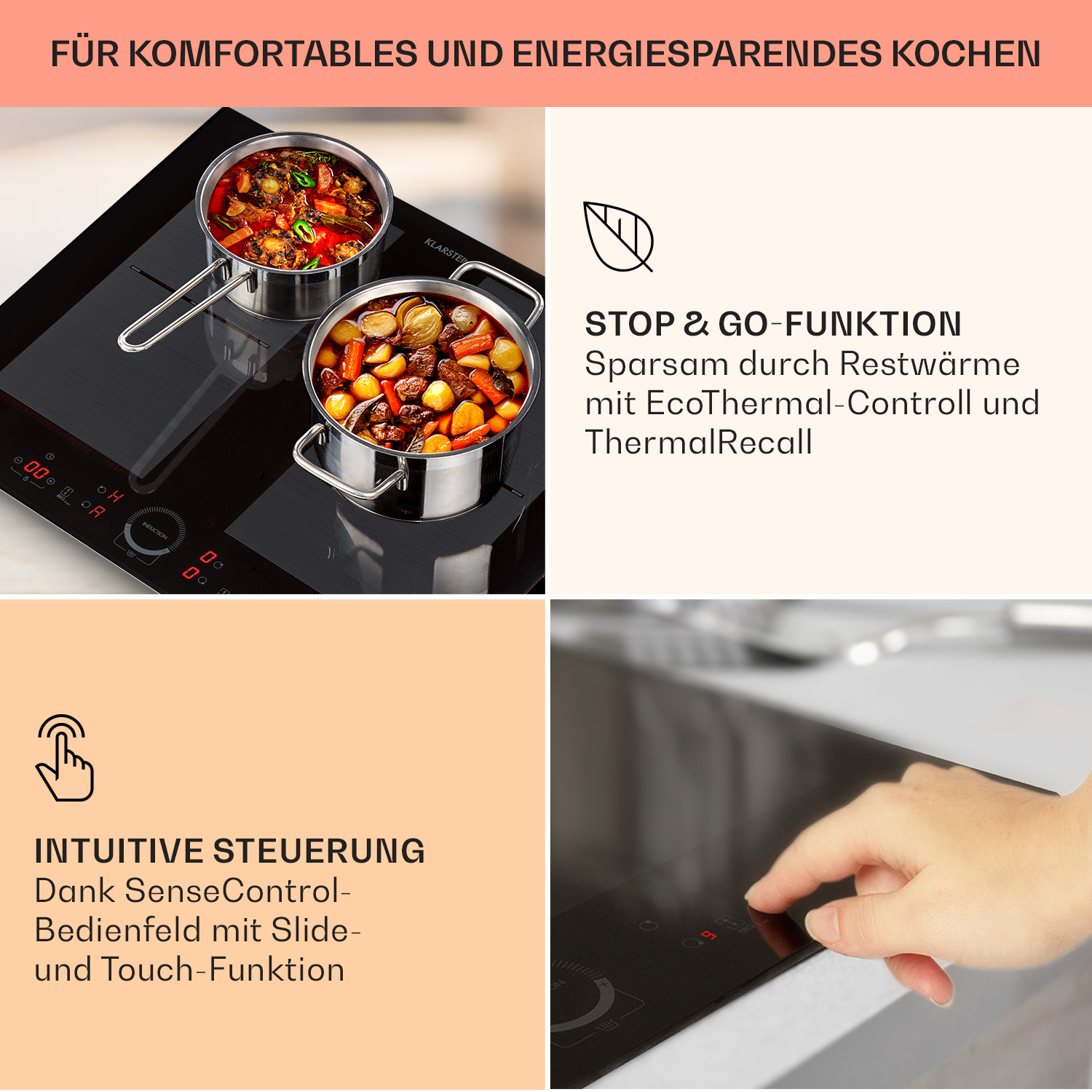 Nahaufnahme eines schwarzen Induktionskochfelds mit zwei Töpfen und Text.