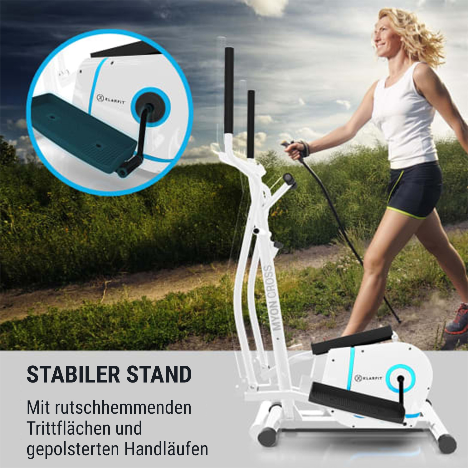 Frau läuft auf einem Ellipsentrainer. Text: Stabiler Stand.