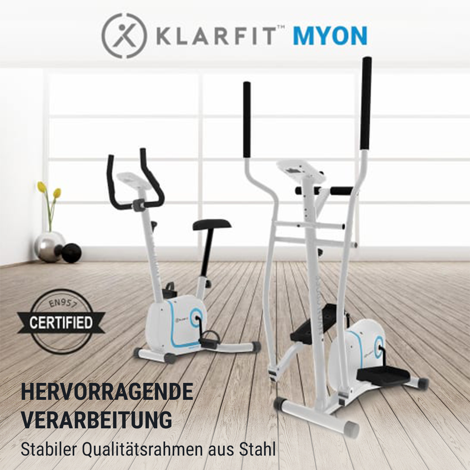Zwei Heimtrainer auf einem Holzboden. Einer ist ein stationäres Fahrrad, der andere ein Crosstrainer.