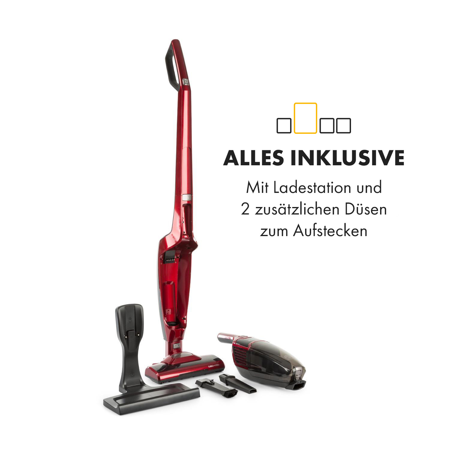 Aspirapolvere rosso senza fili con accessori, inclusa una stazione di ricarica.