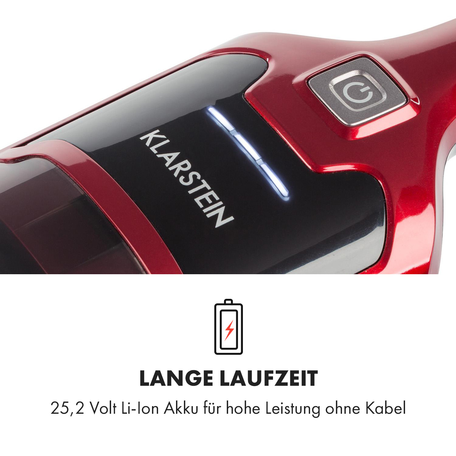 Aspirapolvere rosso con pulsante di accensione e indicatore batteria, testo bianco: Klarstein.