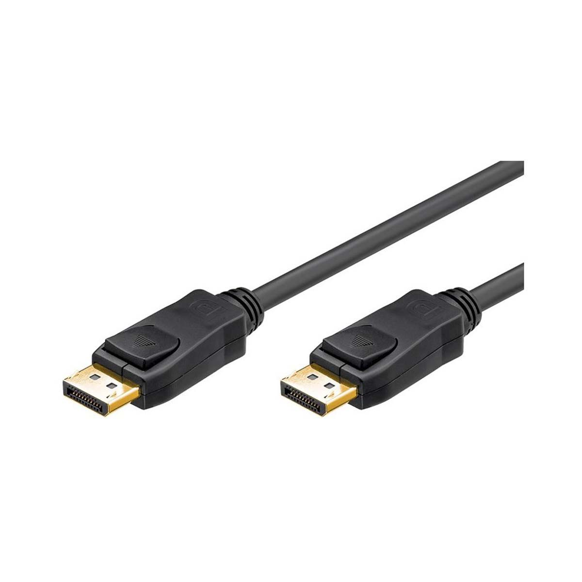 Due cavi DisplayPort neri con connettori a ciascuna estremità, su sfondo bianco.