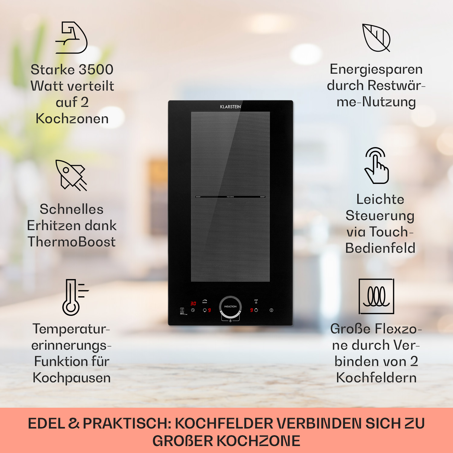 Schwarzes Induktionskochfeld. Text: 3500W Leistung auf zwei Kochzonen, einfache Steuerung und Temperaturfunktion.