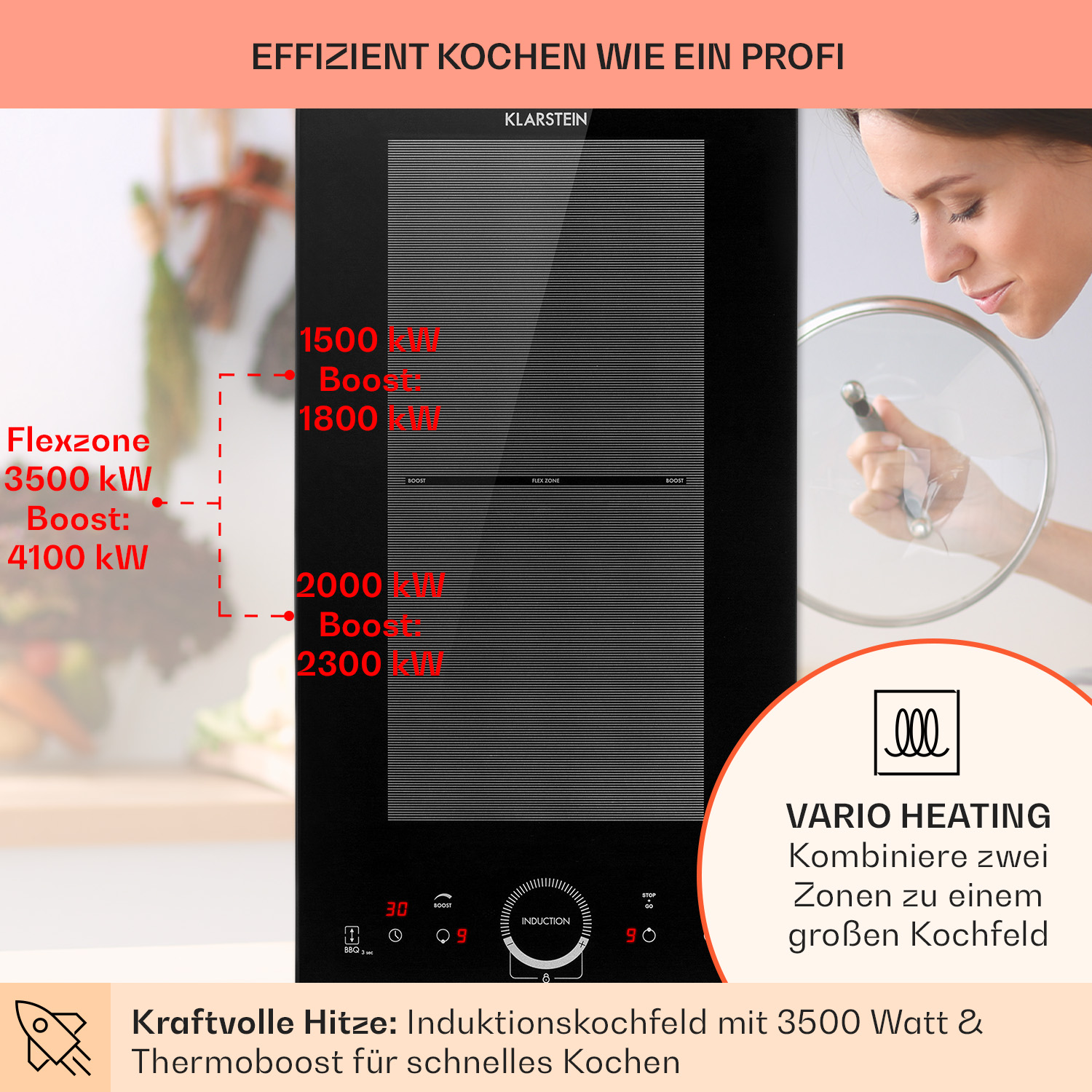 Schwarzes Induktionskochfeld mit Frau, die es betrachtet, plus Text über Flexzone und Vario Heating.