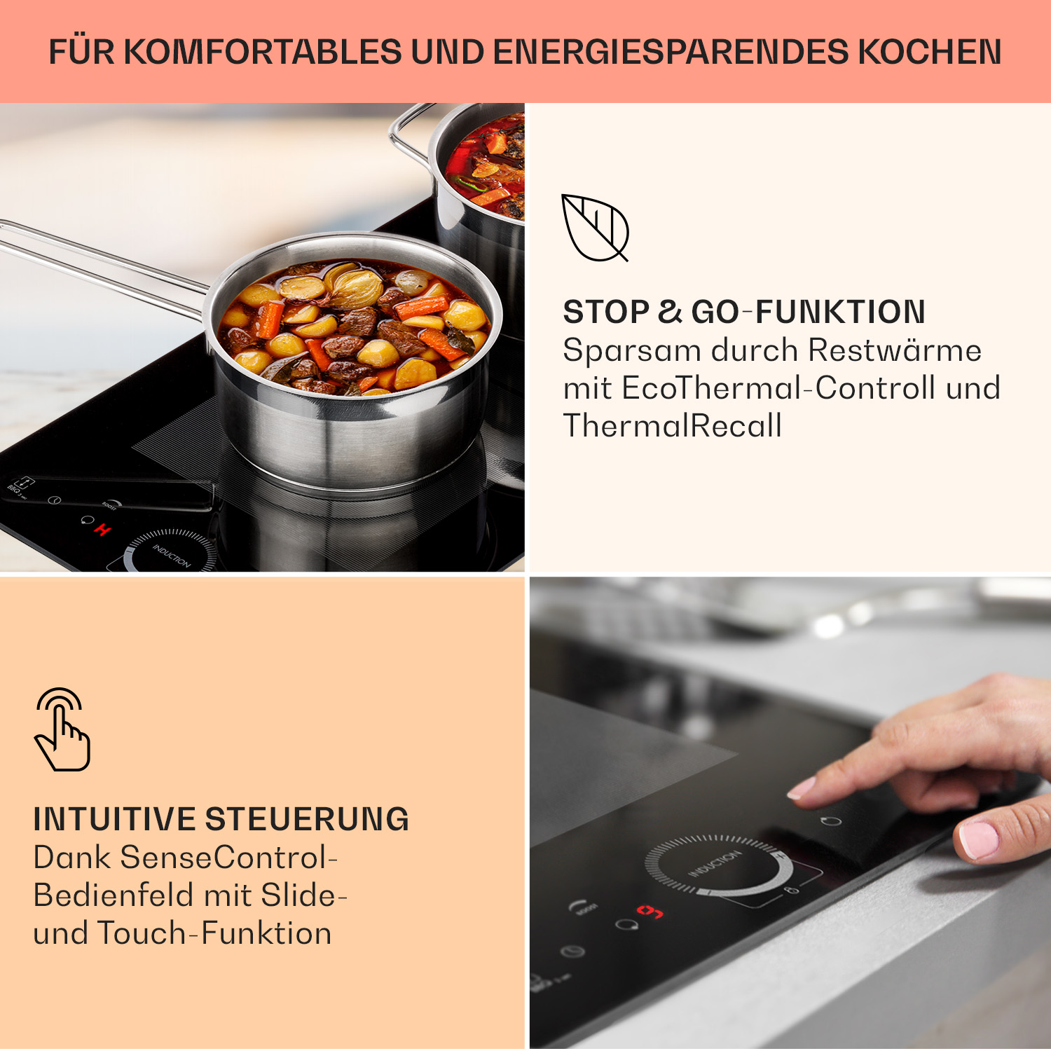 Induktionskochfeld mit Töpfen, mit Details des Bedienfelds und Text.