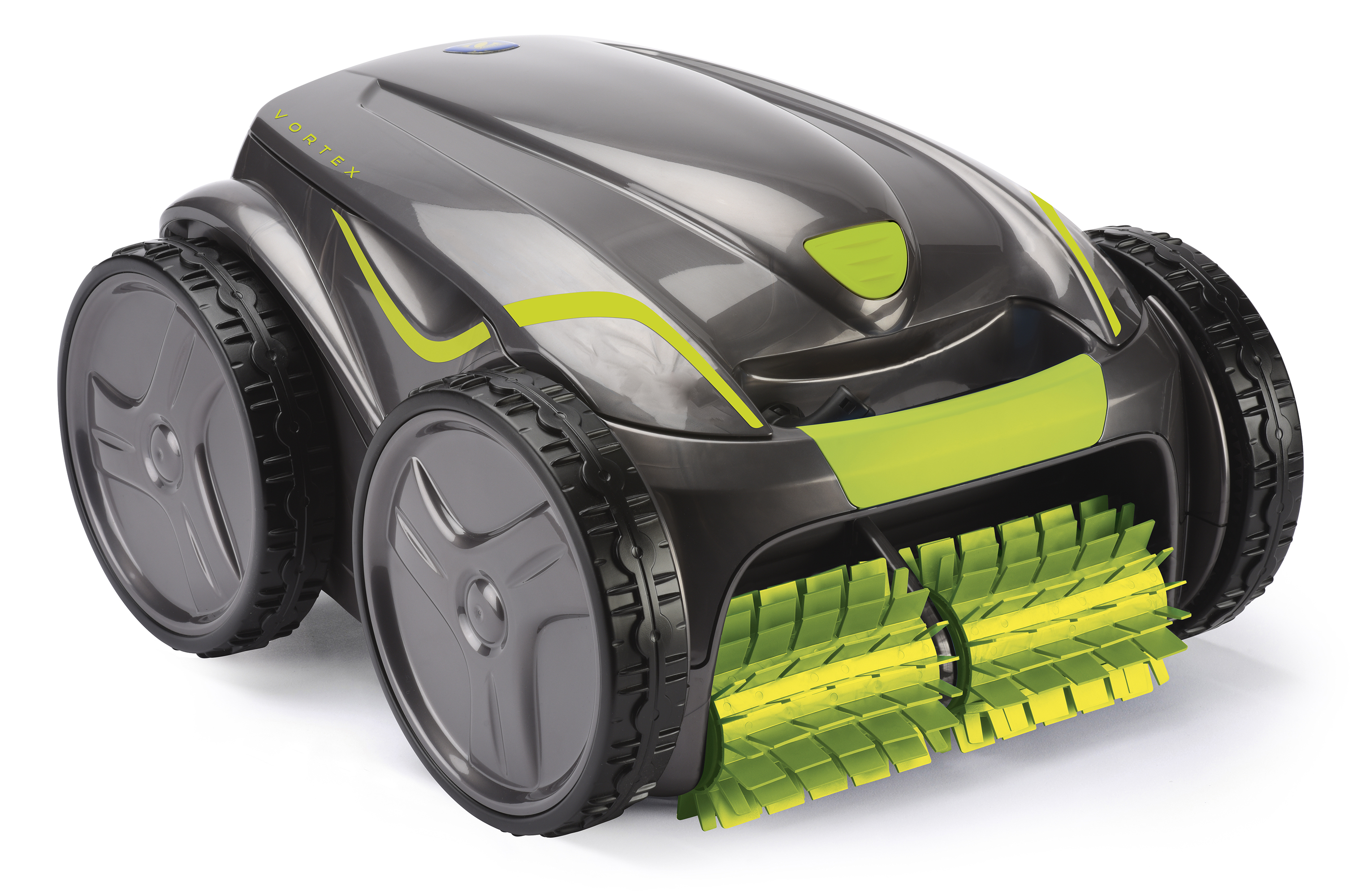 Ein Roboter-Poolreiniger mit grünen und grauen Teilen. Weißer Hintergrund.