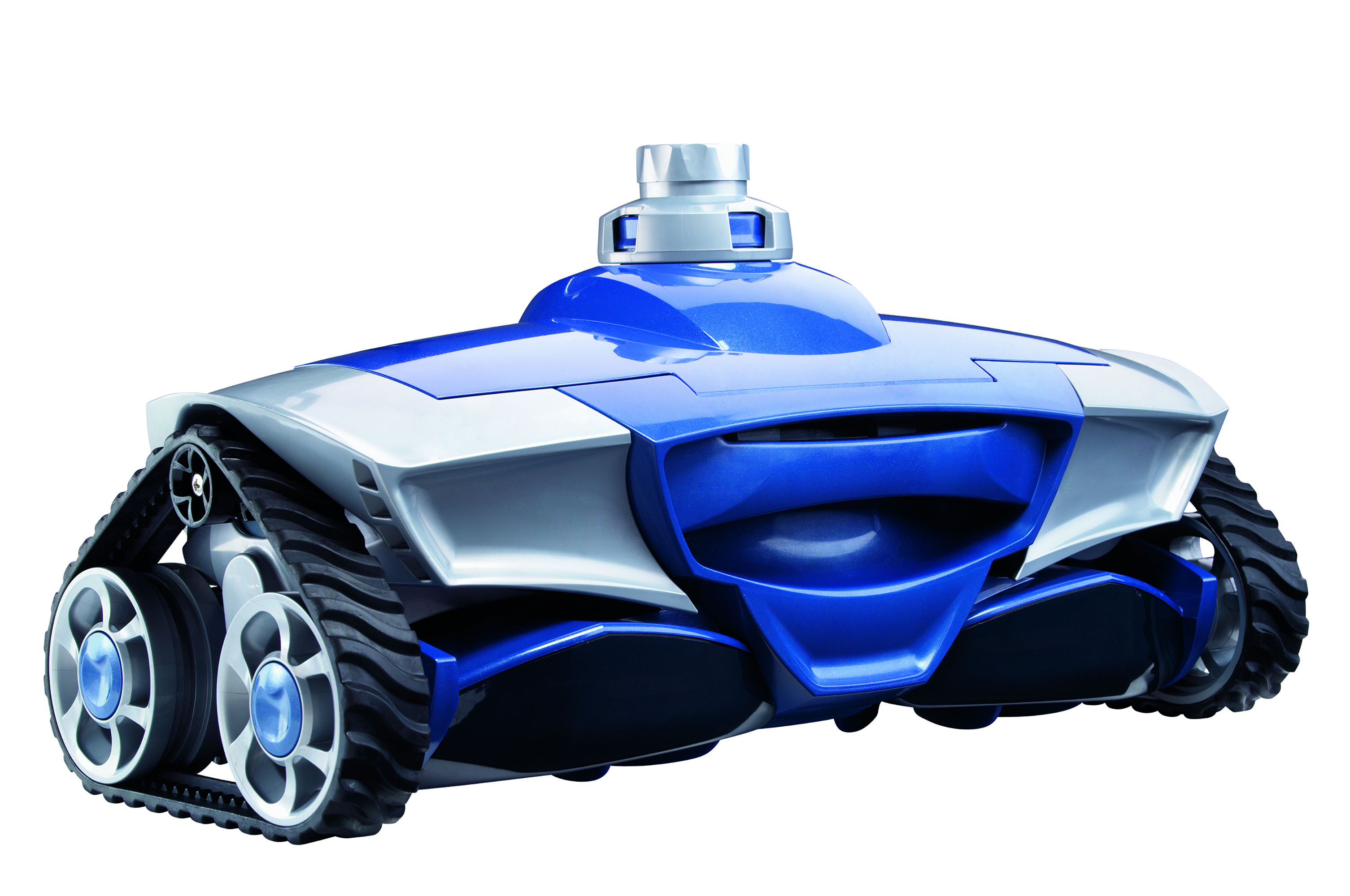 Blau-silberner Roboter-Poolreiniger mit Ketten und Rädern.