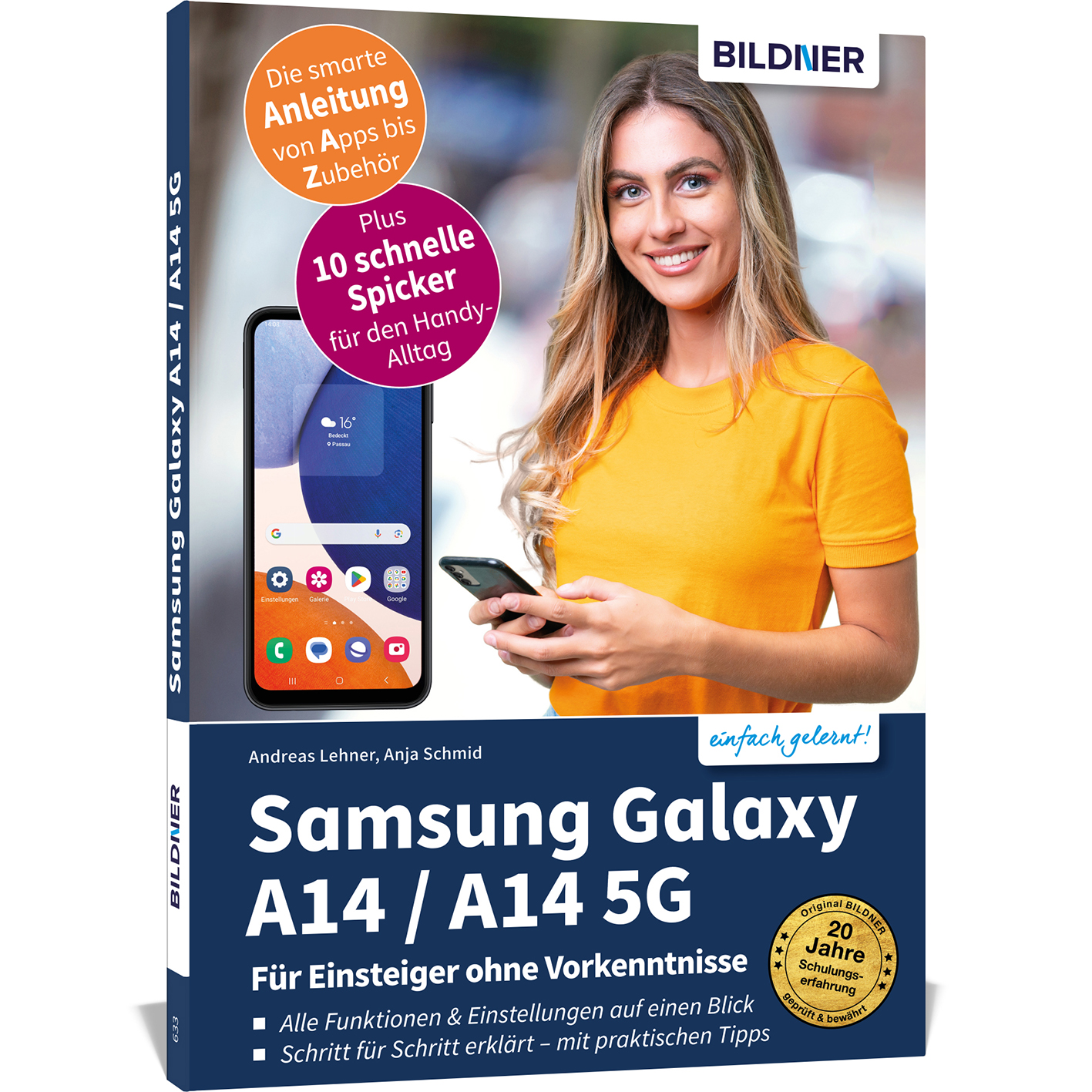 Buchcover mit Frau, die ein Telefon hält. Titel: Samsung Galaxy A14/A14 5G. Merkmale und ein Telefonbildschirm sind abgebildet.