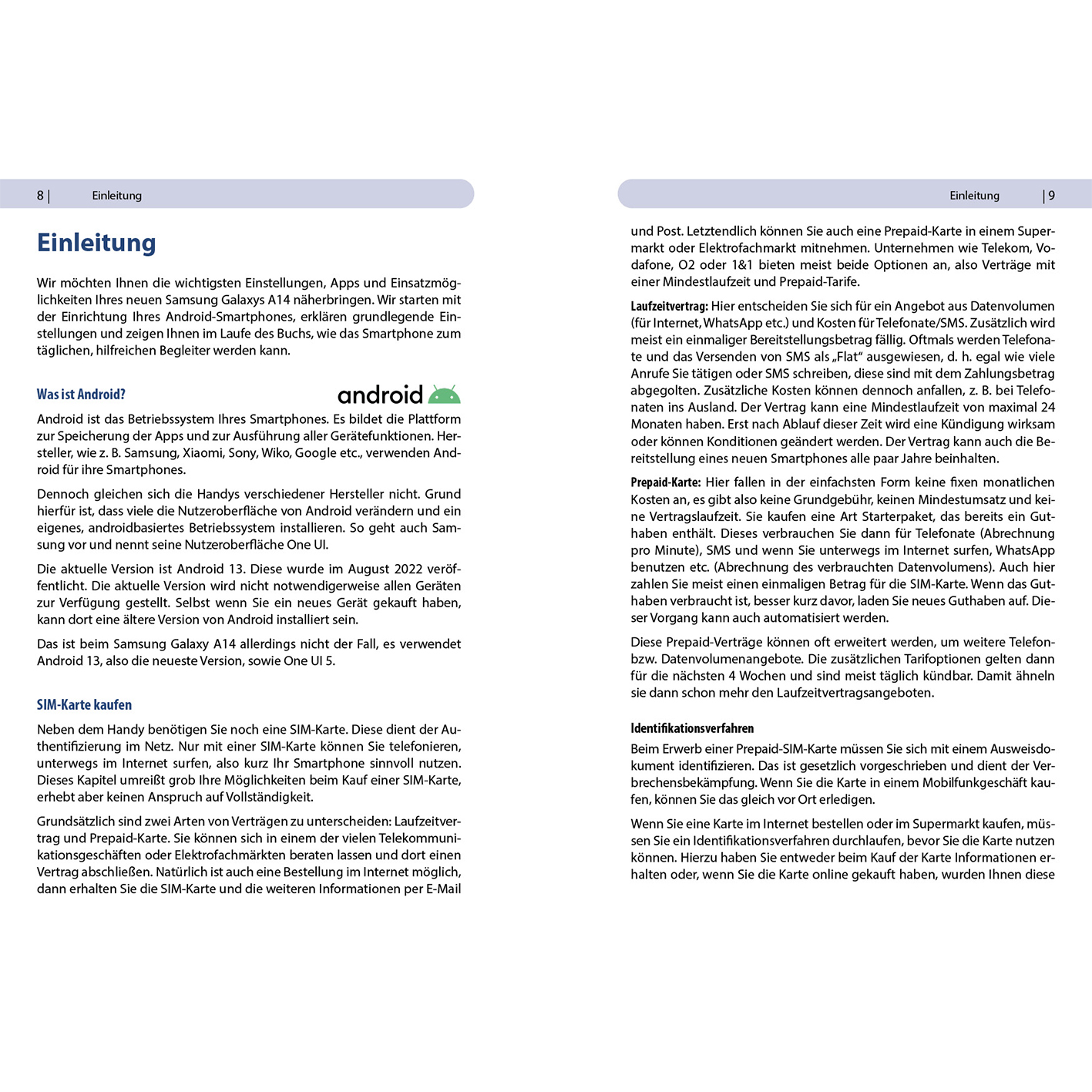 Textlastige Seite mit Android-Logo, Diskussion über Android-Funktionen und SIM-Karten.
