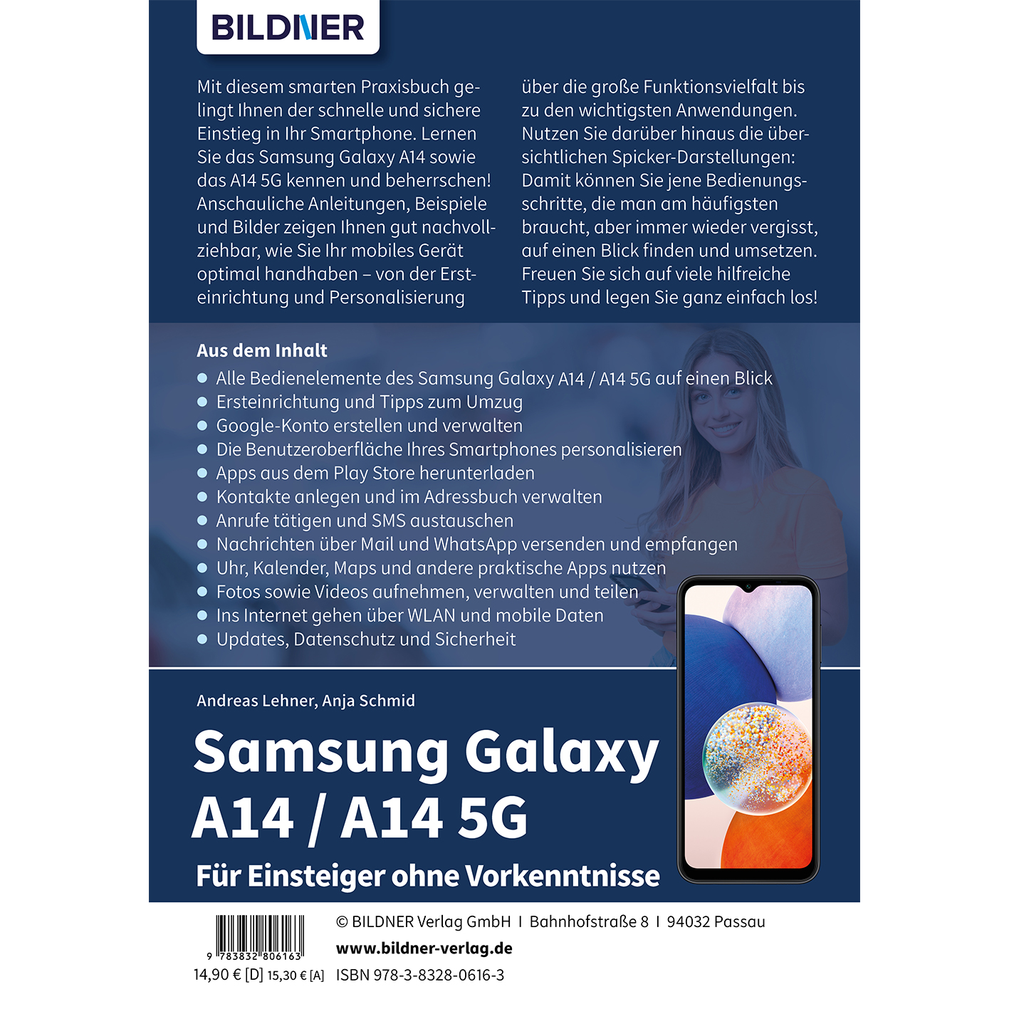 Ein Buchcover mit Text über das Samsung Galaxy A14/A14 5G für Anfänger, mit einem Telefonbild.
