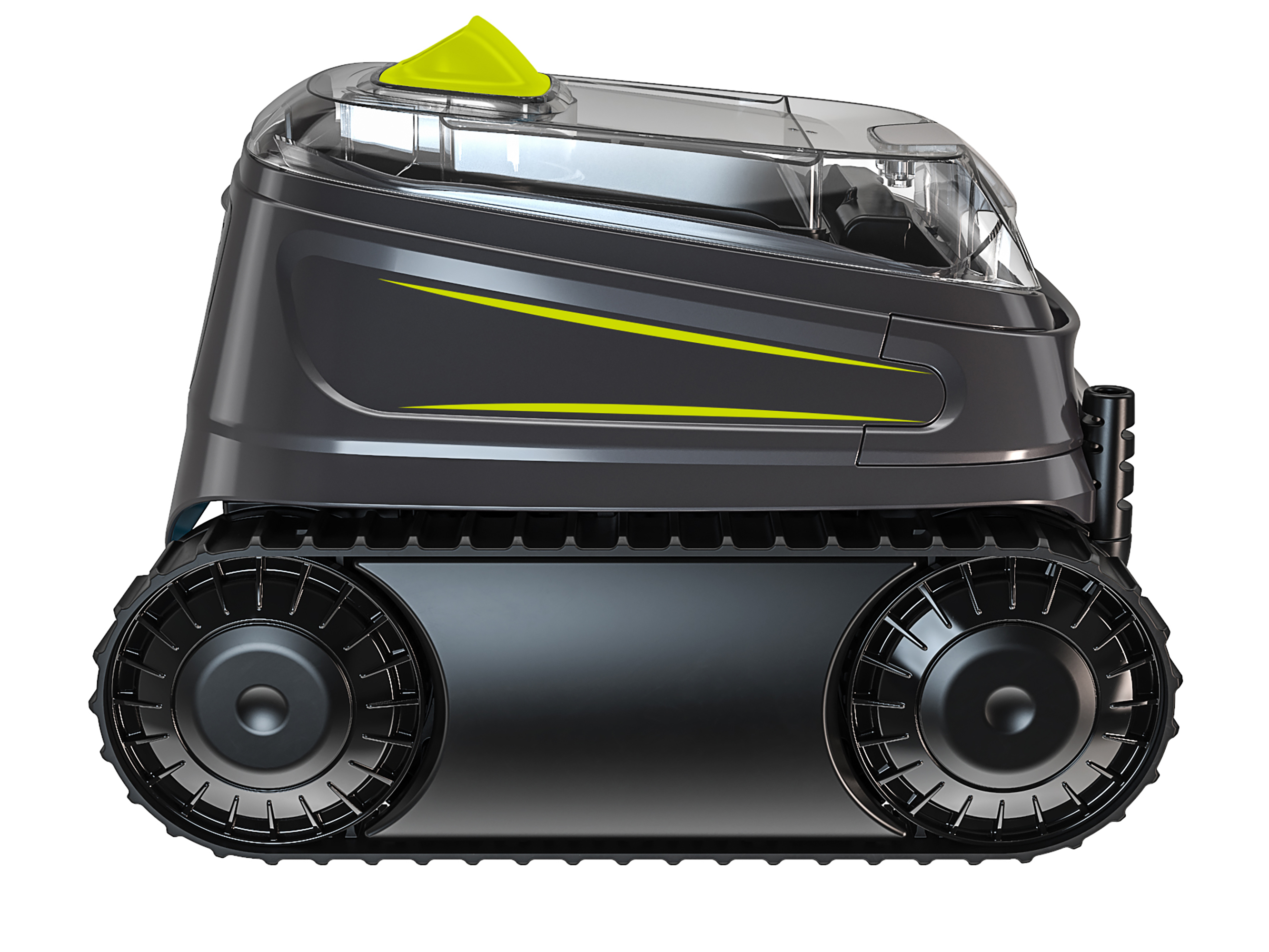 Dunkelgrauer Roboter-Poolreiniger. Schwarze Ketten, transparenter Deckel. Gelbe Details. Weißer Hintergrund.