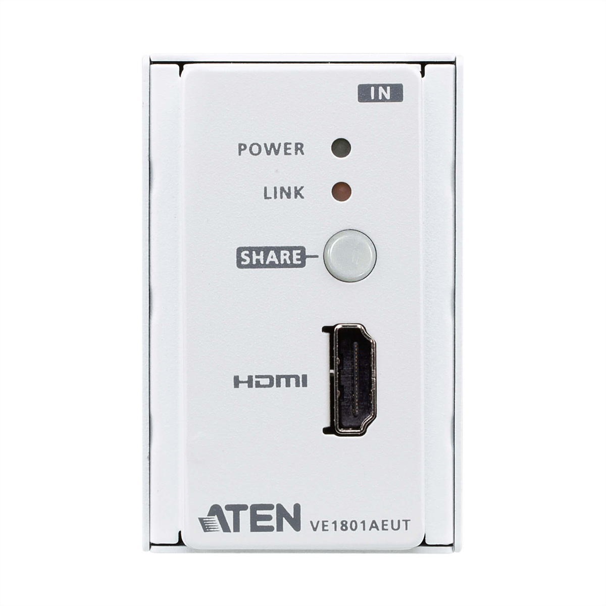 Weißes ATEN-Videogerät mit Tasten und einem HDMI-Anschluss. Es ist ein Videofreigabegerät.