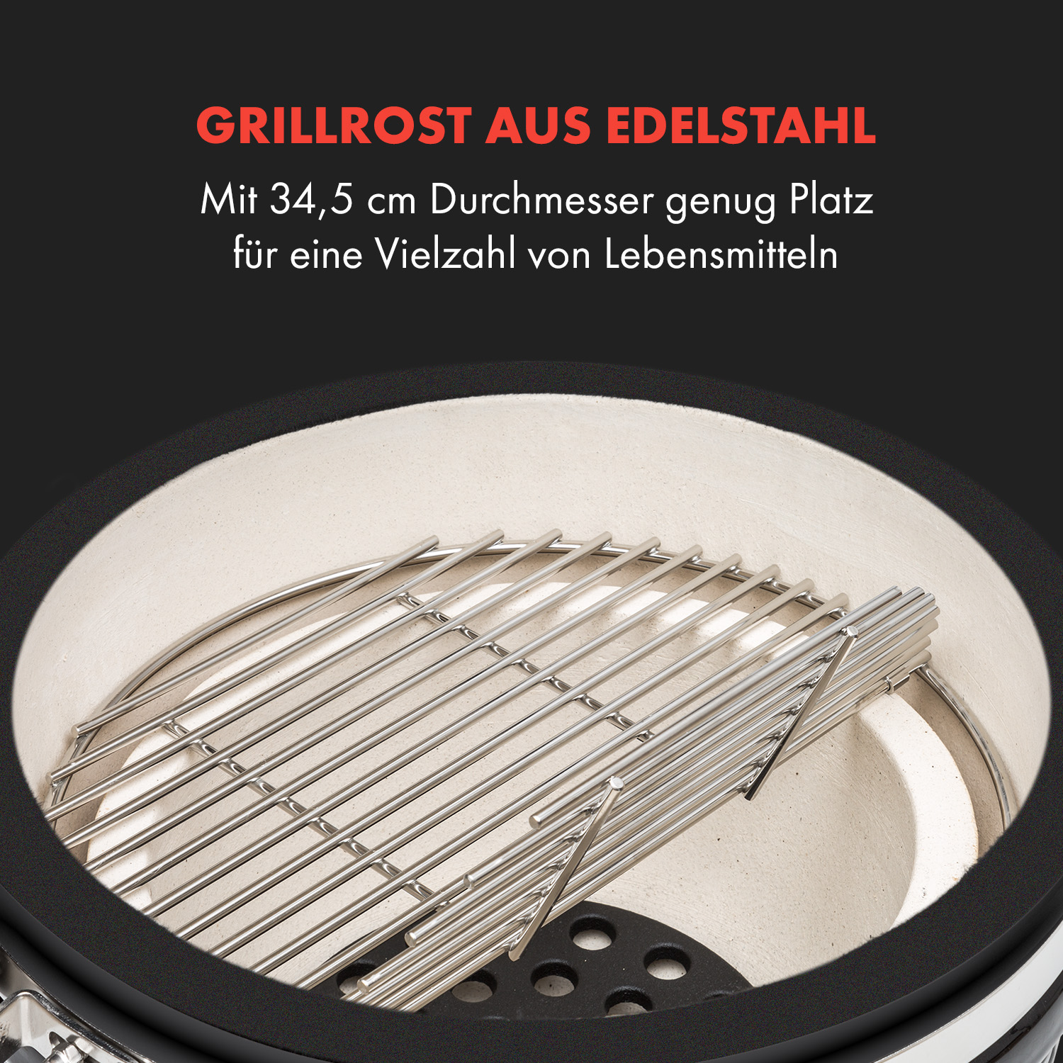 Griglia in acciaio inox all'interno di un barbecue. Testo: 34,5 cm di diametro, spazio sufficiente per molti alimenti.