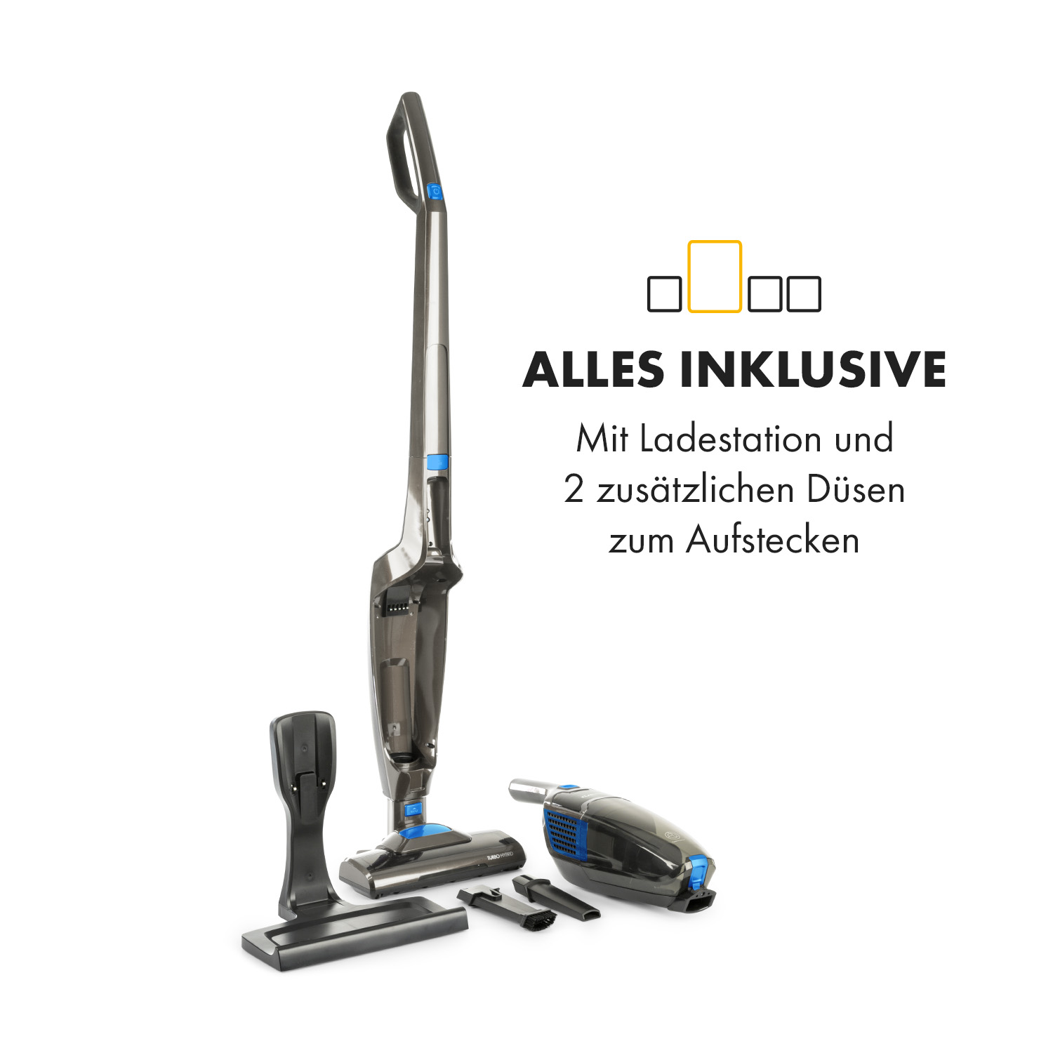 Aspiradora inalámbrica con accesorios, texto: Alles inklusive, todo incluido.