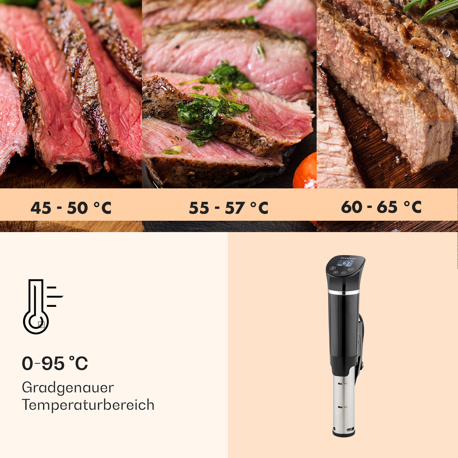Geschnittene Steaks bei verschiedenen Temperaturen, Sous Vide.