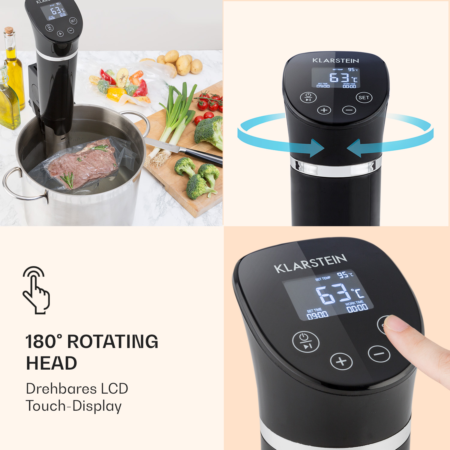 Kochgerät mit drehbarem Kopf, mit Display und Tasten zum Einstellen der Temperatur.