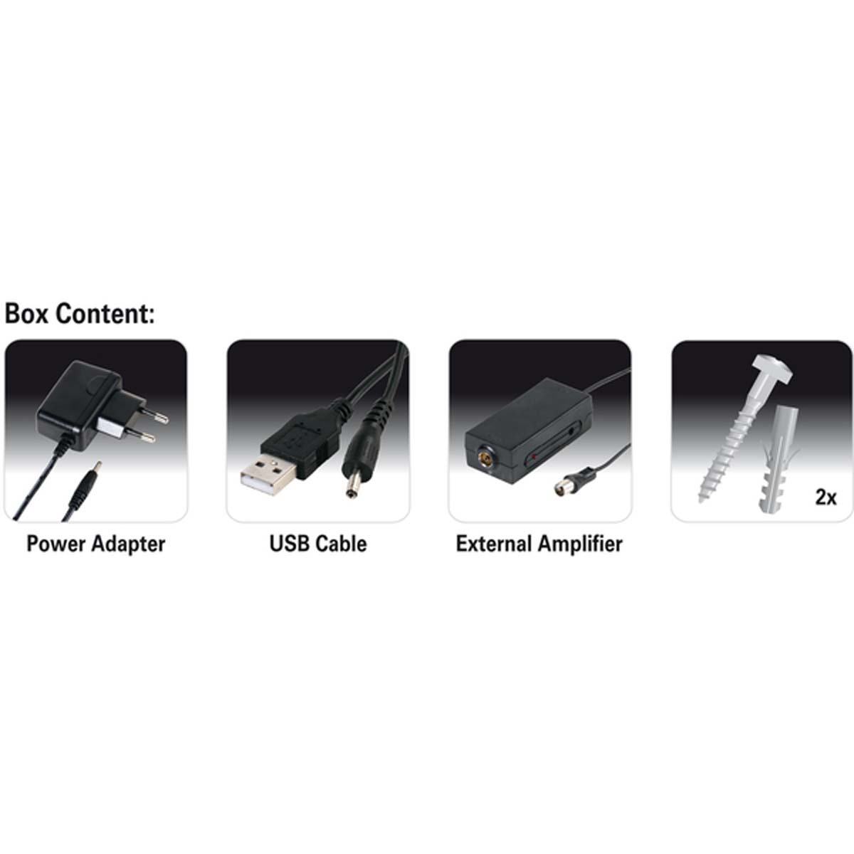 Vier kleine Boxen mit Inhaltsbezeichnungen: Netzteil, USB-Kabel, externer Verstärker und Schrauben.
