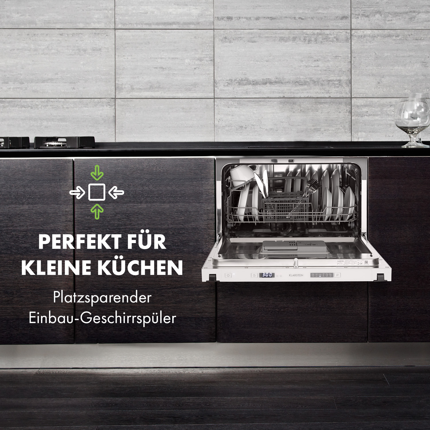 Einbauspülmaschine mit geöffneter Tür, Geschirr innen und Text darüber.