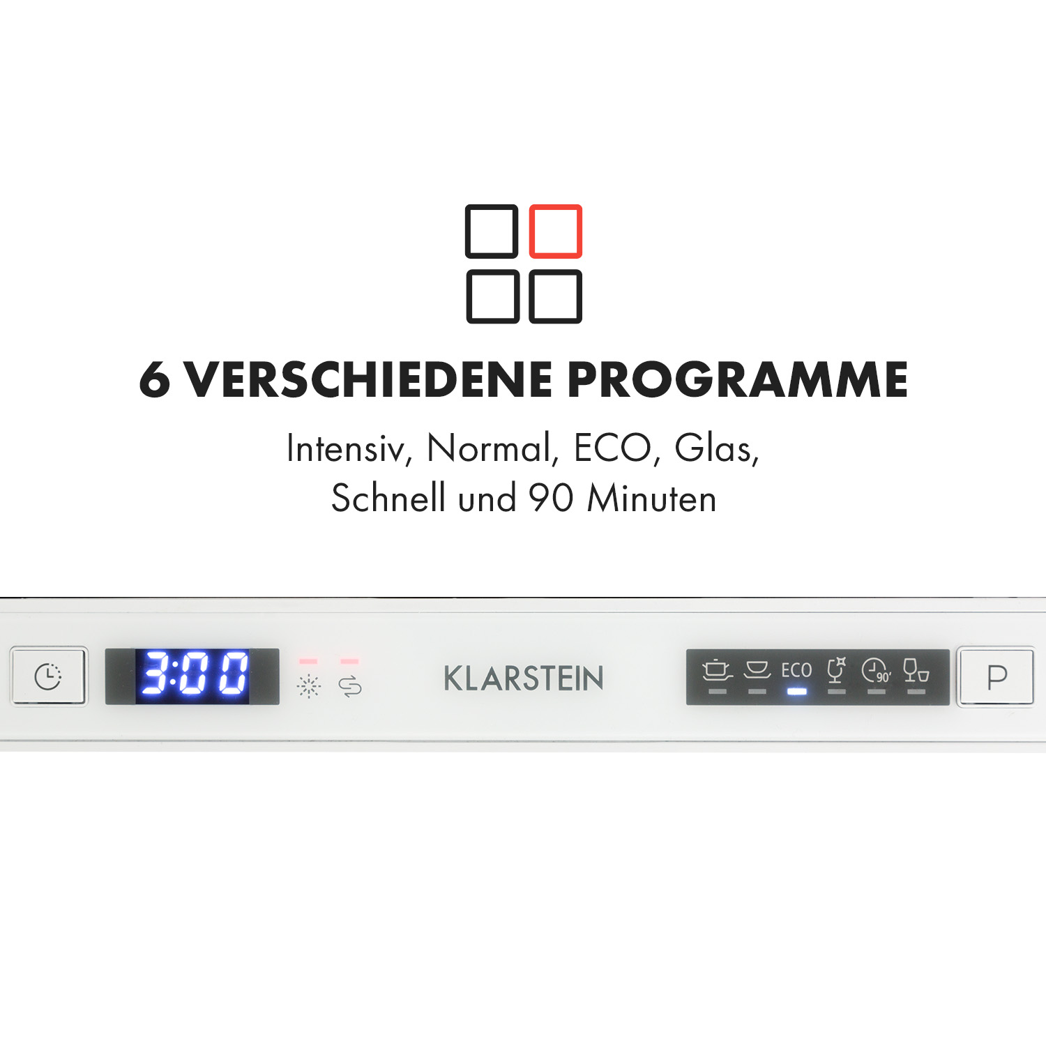 Geschirrspüler-Bedienfeld mit Anzeige von Zeit und Programmen.