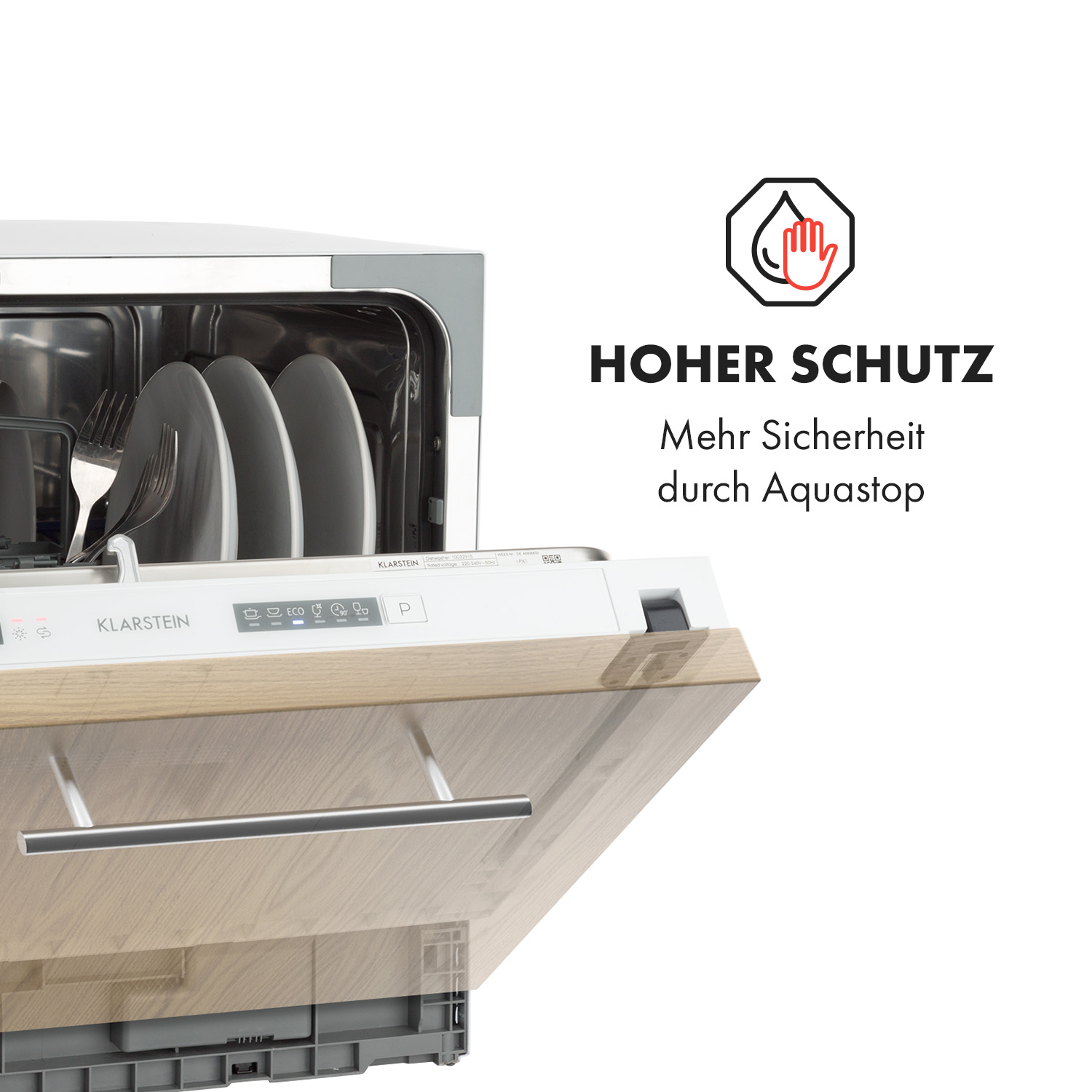 Geschirrspüler mit offener Tür und Tellern. Text: Hoher Schutz durch Aquastop.