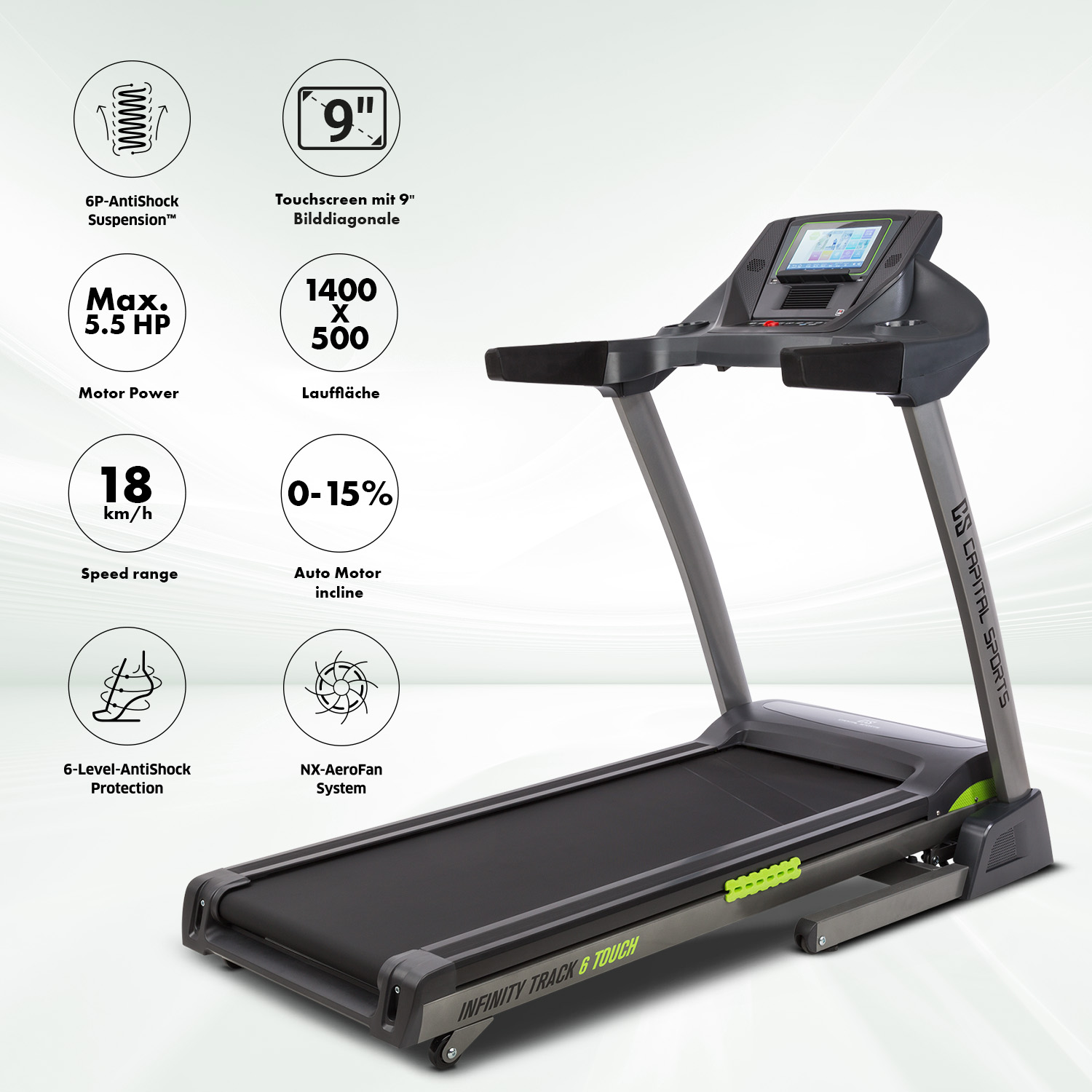 Laufband mit digitaler Anzeige. Grauer Rahmen, schwarzes Laufband. Informationssymbole. Weißer Hintergrund.