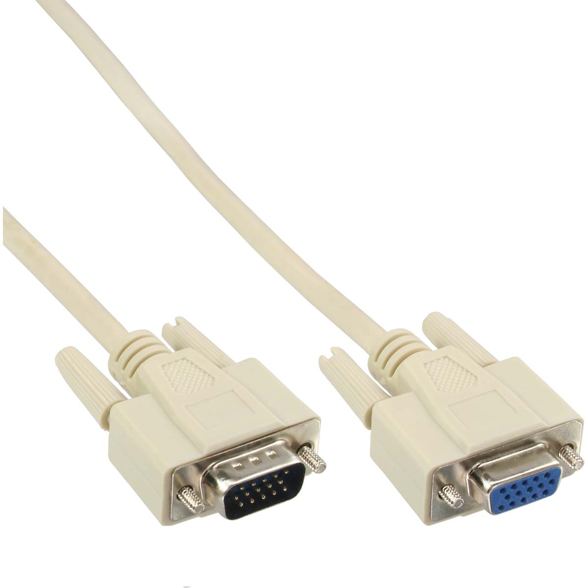 Dos cables VGA beige con pines de conector sobre un fondo blanco.