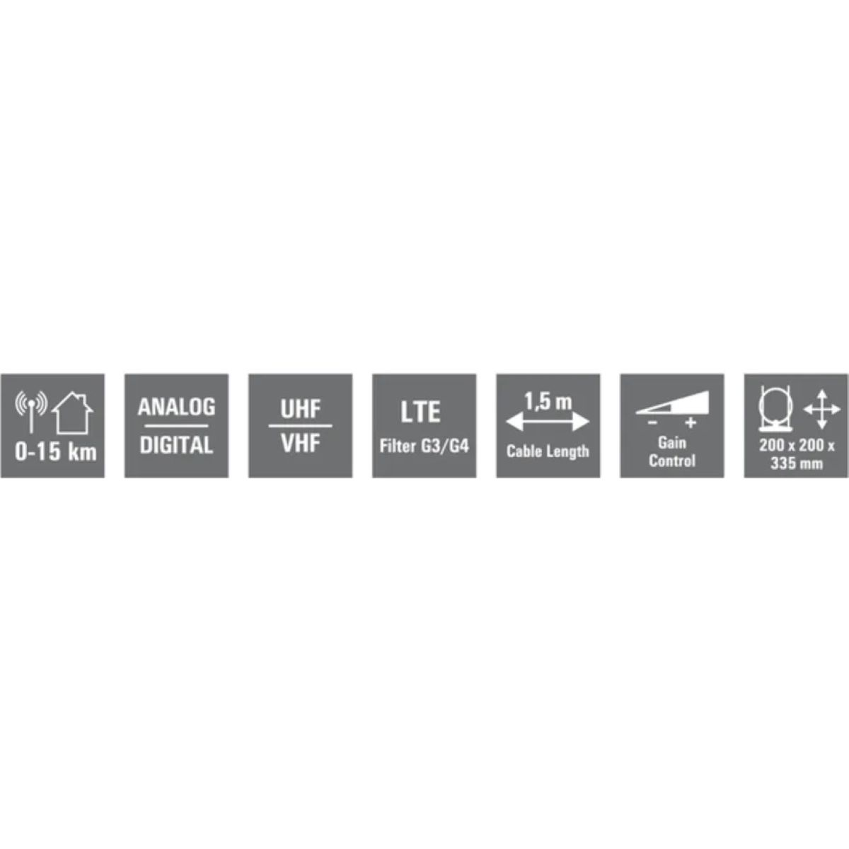 Ikony: Antena, cyfrowa, analogowa, UHF, VHF, LTE, długość kabla, kontrola wzmocnienia, wymiary.