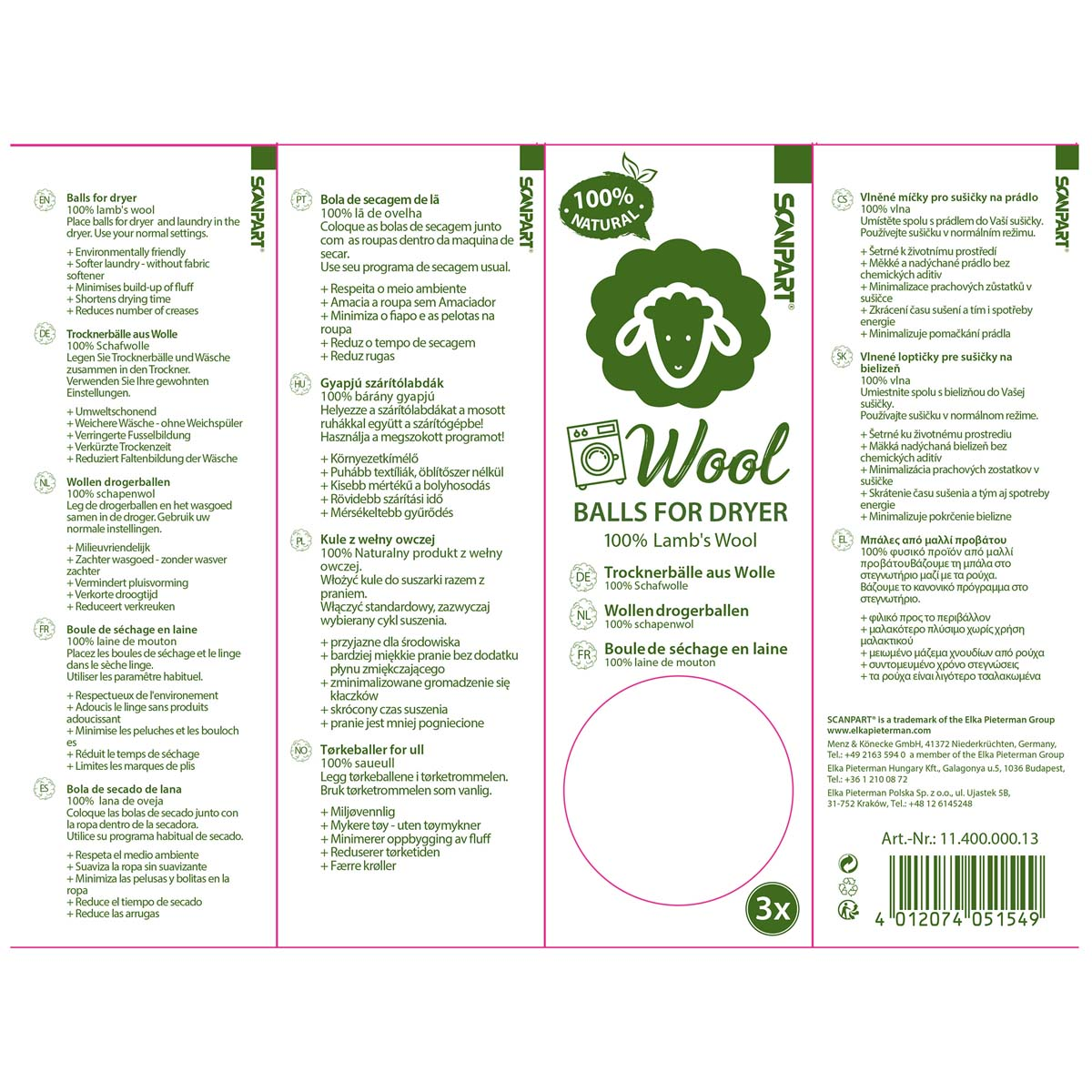 Tekst o wełnianych kulach do suszarki w wielu językach.
