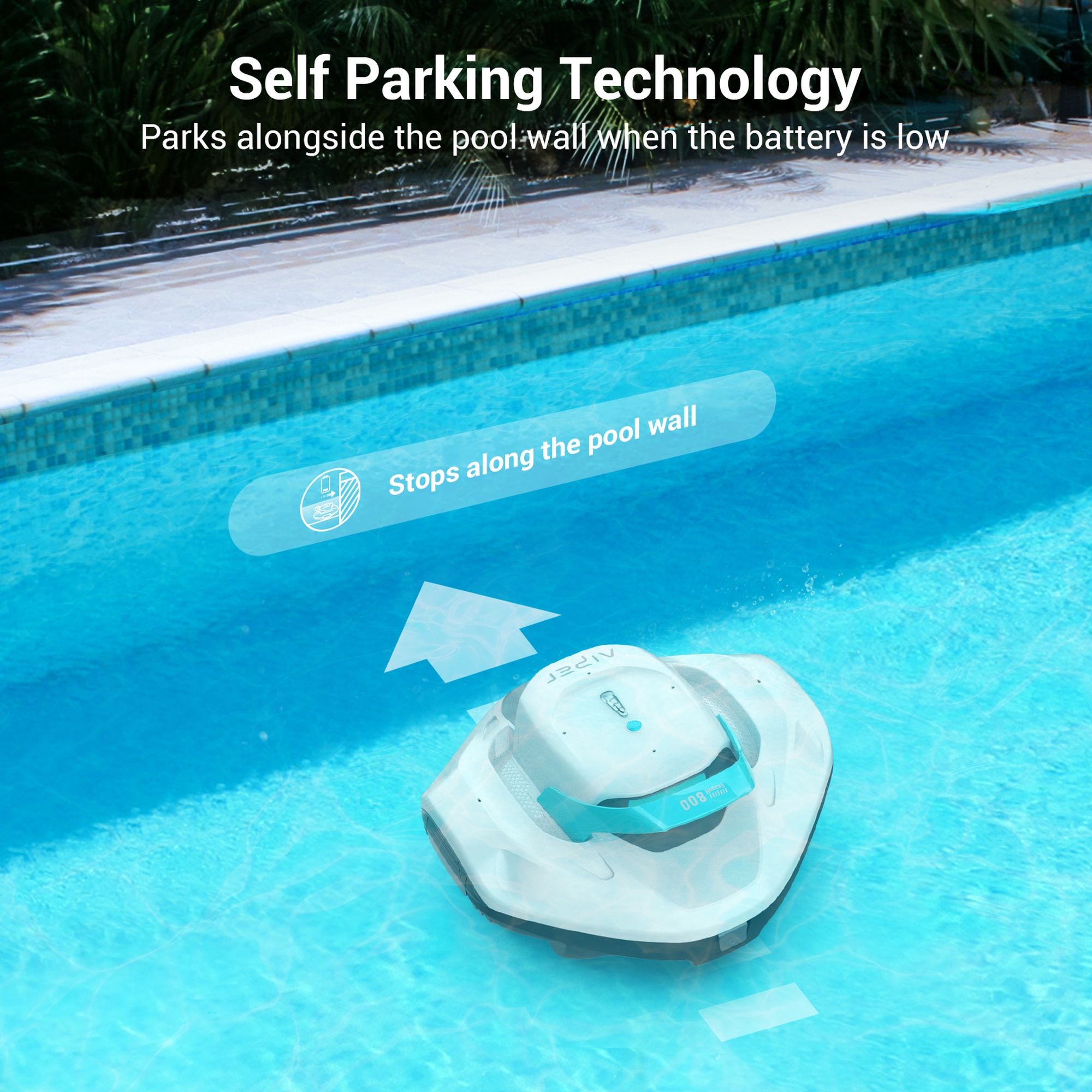 Pulitore per piscina robotico in acqua. Testo: Tecnologia di autoparcheggio. Parcheggia a bordo vasca.