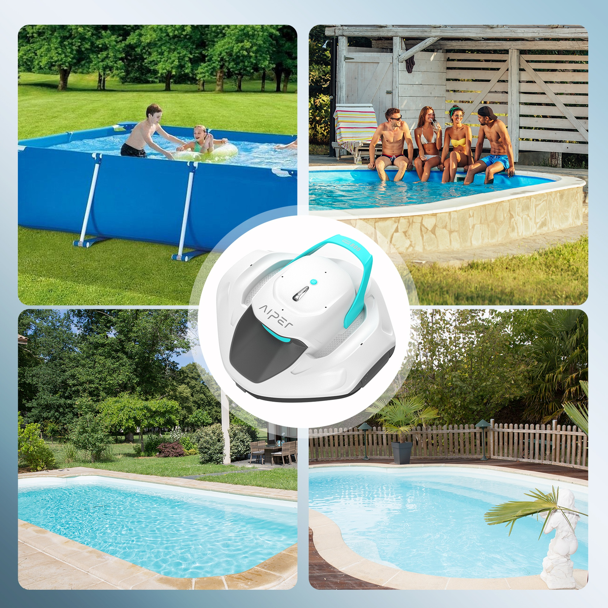 Immagini multiple di piscine con persone che nuotano. Include un robot per la pulizia.