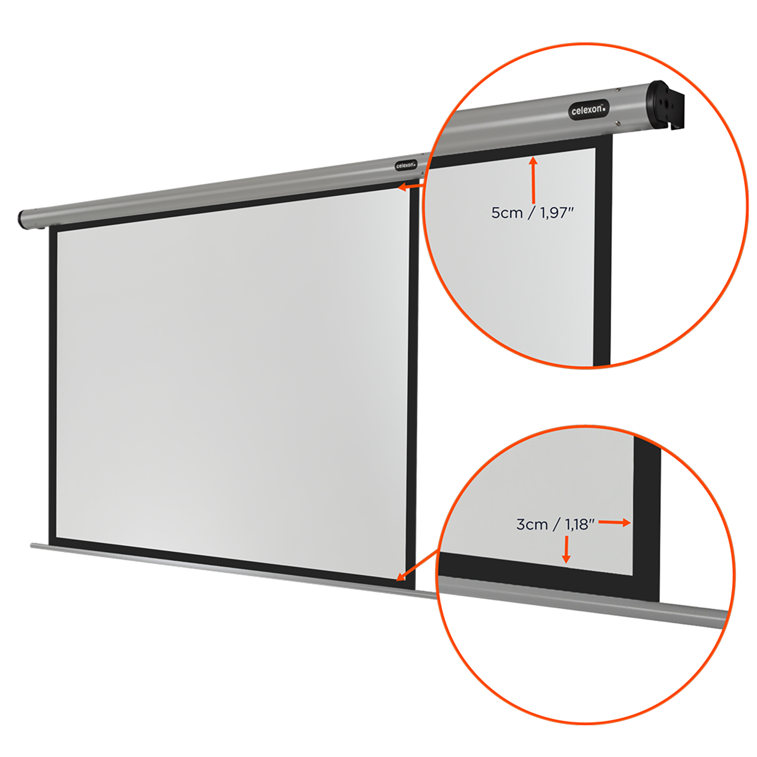 Projektorleinwand mit Maßen, in einem Raum, mit kreisförmigen Markierungen.