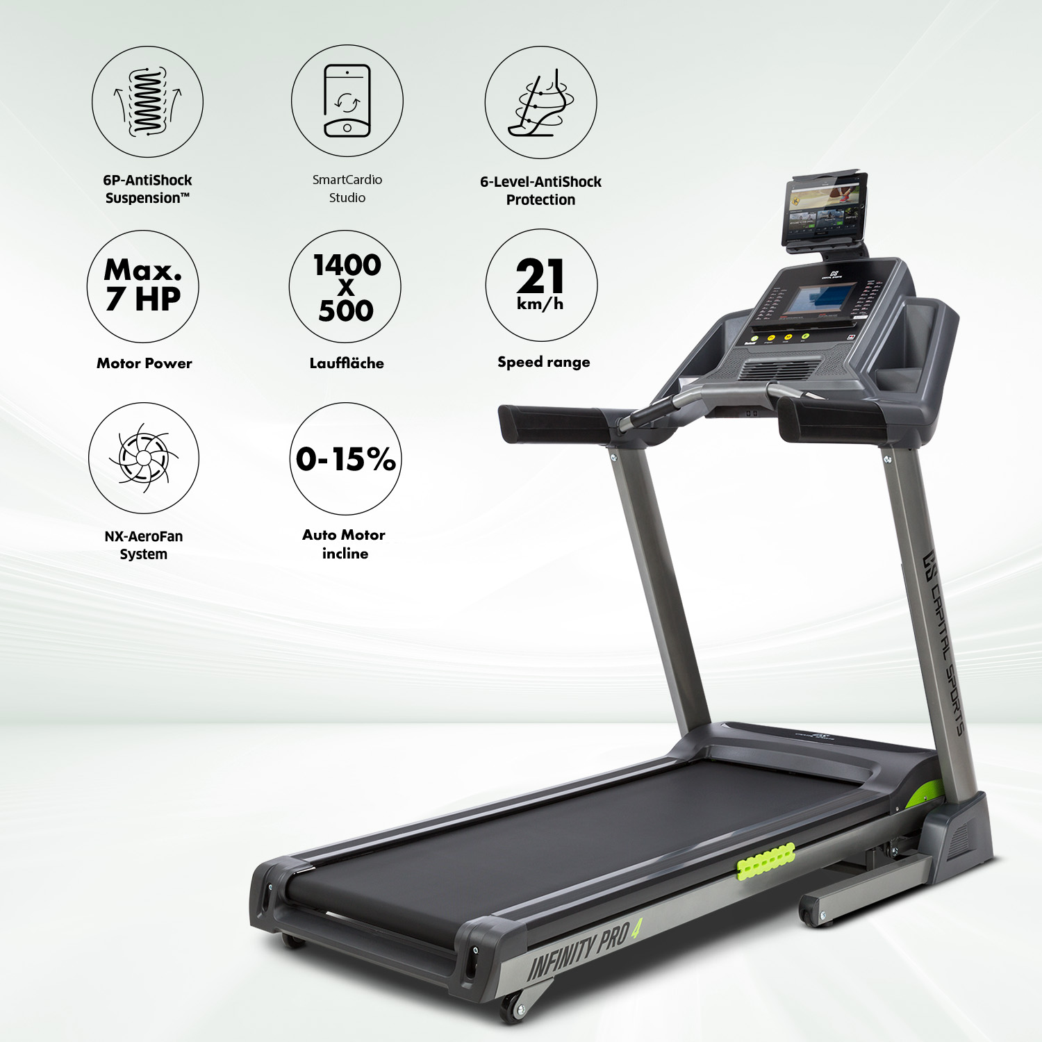 Una cinta de correr. Tiene una pantalla, pasamanos y una cinta de correr. También hay etiquetas de información.
