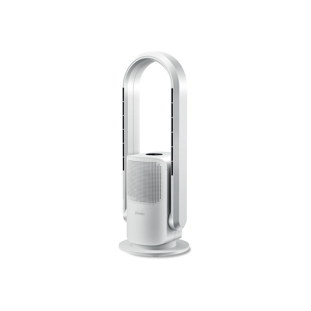 Weißer Turmventilator mit abgerundeter Ober- und Unterseite. Perforierte Front, Bedienelemente.