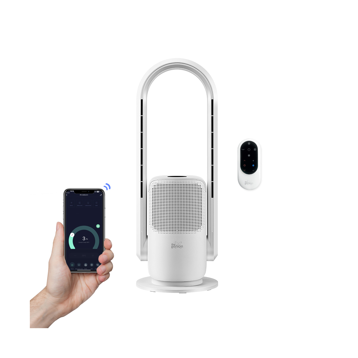 Weißer Ventilator mit Telefon mit Steuerung, neben einer Fernbedienung.